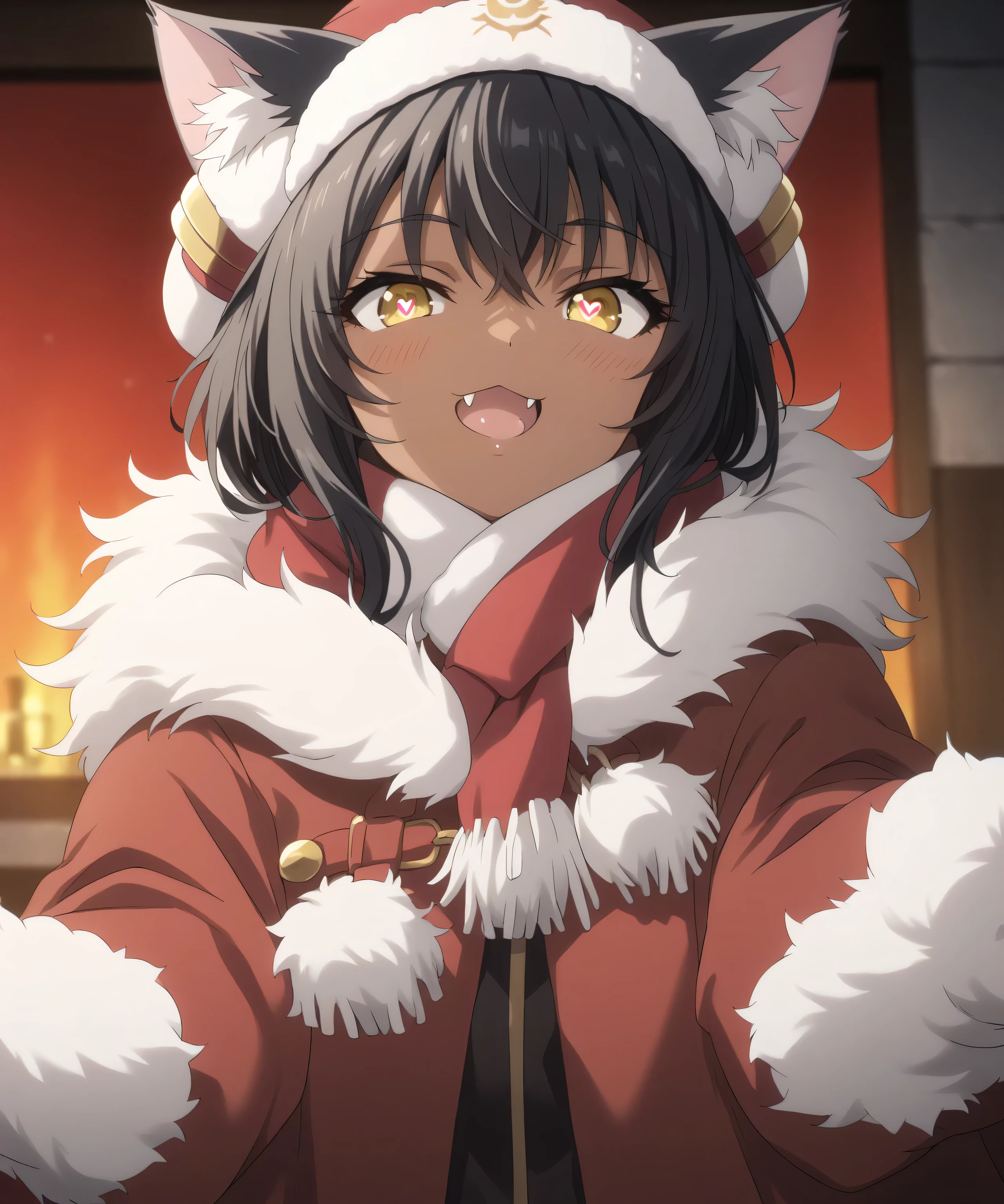 1girl, score_9, gold eyes, black hair,(dark skin), (cat girl), (fang), heart-shaped pupils,(white fur),(fur coated),(red trench coat),(giant white scarf),red winter hat upper body