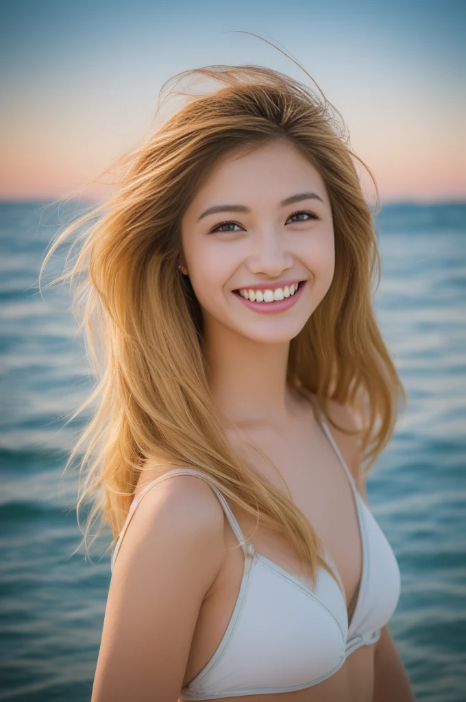 highest quality, 8K, masterpiece, woman, laughter, look at the audience, sharp focus, Light beige hair color, bob cut, messy hair, highly detailed face、skin、hair texture, detailed eye, double eyelid, 、puberty, (((super micro bikini)))、 ((perfect body)), ((best image quality)), ((time)), ((very delicate and beautiful)), ((Very shallow depth of field)), nffsw, ((incredibly shallow depth of field. familiar with)), (((very delicate and beautiful))), (((Very shallow depth of field))), nffsw, (((incredibly absurd))), (((perfect body))), (((dyes hair blonde )))), (((long hair)))), (((Camera Eye))), (((small))), (((happy best smile))), poor, Own + background, dynamic angle, womanの焦点, {particles of light}, detailed background, ((paul hedley)), soft lighting, (dramatic) sunset), sunset, very beautiful sunset, live action, realistic, top angle, cute smile, (background blur), 18-year-old, skinny, ((Wind)), ((movement ))), ((emotion)), ((colorful)), ((baby face)), ((beautiful teeth)), Withering, ocean background、
