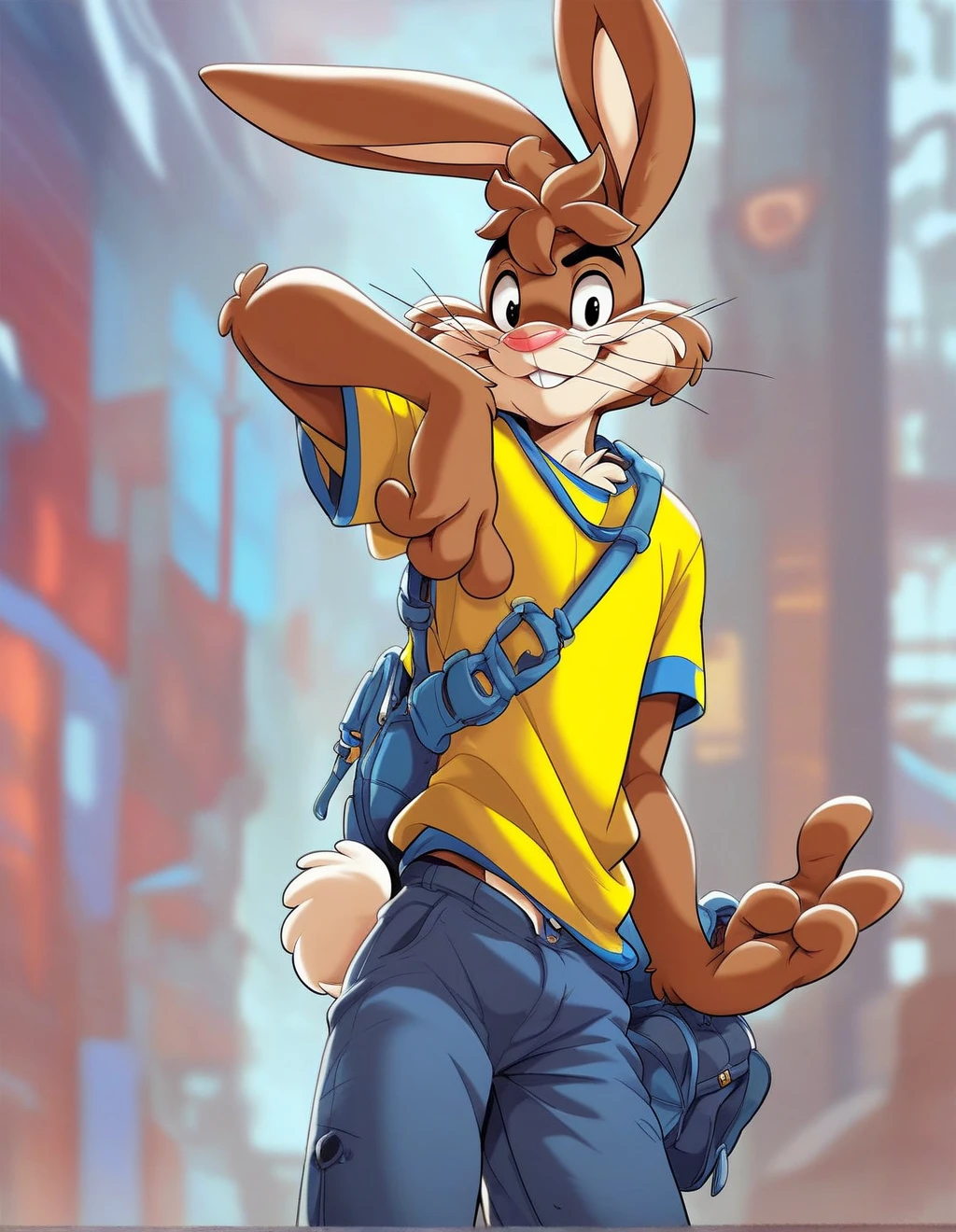 zPDXL3,quicky,4 fingers,brown fur,pants,yellow shirt,standing, 20 years old, furry, rabbit, male, slim,solo,looking_at_viewer,