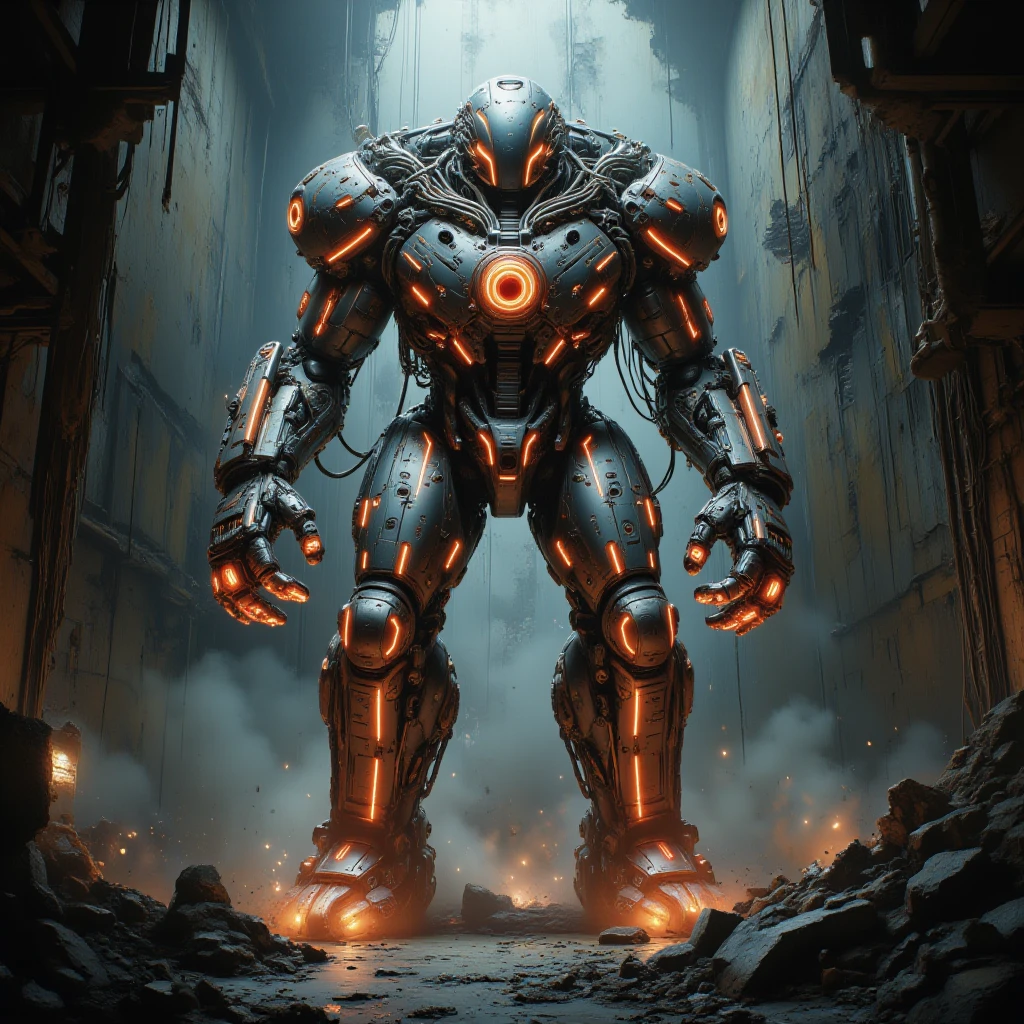  His armor must be covered with a complex network of wires ,  standing in the center of ,  Create an image of a futuristic cyborg warrior .  capable of performing as protective ,  details that smoothly change color from red to yellow ,  A cyborg should look like a giant ,  emitting orange light .  A cloud of steam or smoke must hover around the cyborg ,  tubes and mechanical units ,  segmented limbs ,  The image should be saturated with ,  The background must be dark .

 emphasizing their technological complexity ,  destroyed by ,  but still functioning industrial plant of the future ,  with accents in the form of neon lines , so are the attacking functions .  with an accent for the contrast between cold steel and the warm glow of technological elements {x} These segments should be covered with plates with geometric patterns and have glowing elements,  creating an atmosphere mysteries and dangers .

 with expressive glowing eyes ,  reflecting technological progress and its devastating consequences ,  with dust and cobwebs .  The cyborg's body must be supplemented with massive ,  with a height of at least three people .  creating the effect of pulsation or breathing ,  resembling mechanical snakes or hydraulic manipulators ,  abandoned industrial complex with high ceilings and giant cars .