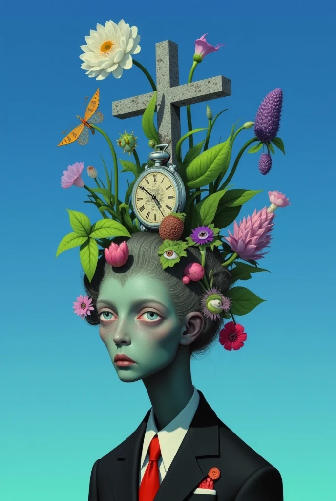 super absurd realist illustration：Strange objects and tombstones on the head of a faceless man standing under the blue sky+ Cross 。(((Plants with eyes)))。Pocket Watch。Inspired by Medusa，The Third Eye。 magical realism bizarre art, Doll Plant