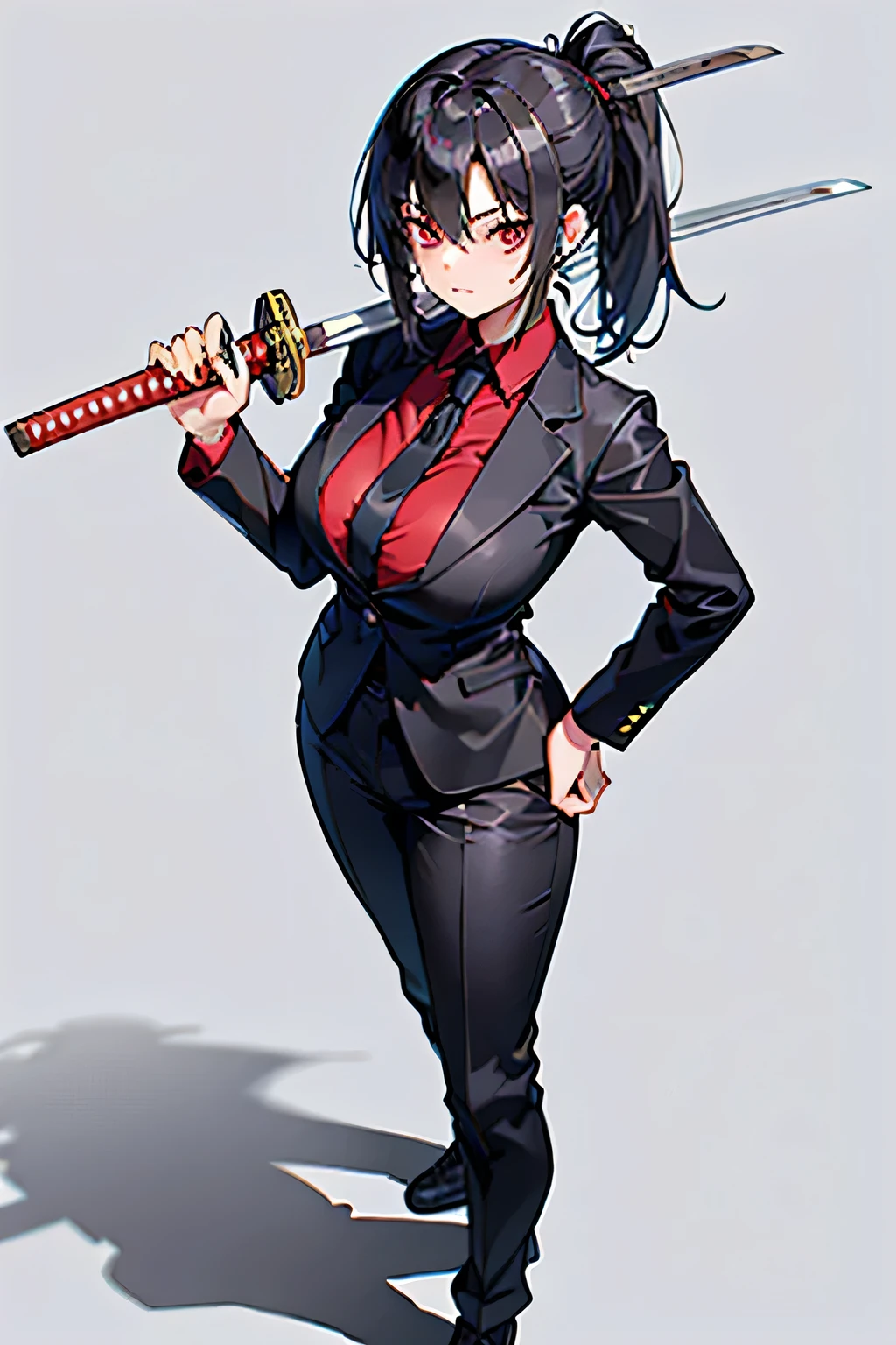 straight-on,1girl,Suit, ponytail, black hair, holding a sword, cool, big breasts, tie, red mesh, red eyes, suit pants, white shirt underneath,holding a katana,white background,standing , full body, looking at viewer