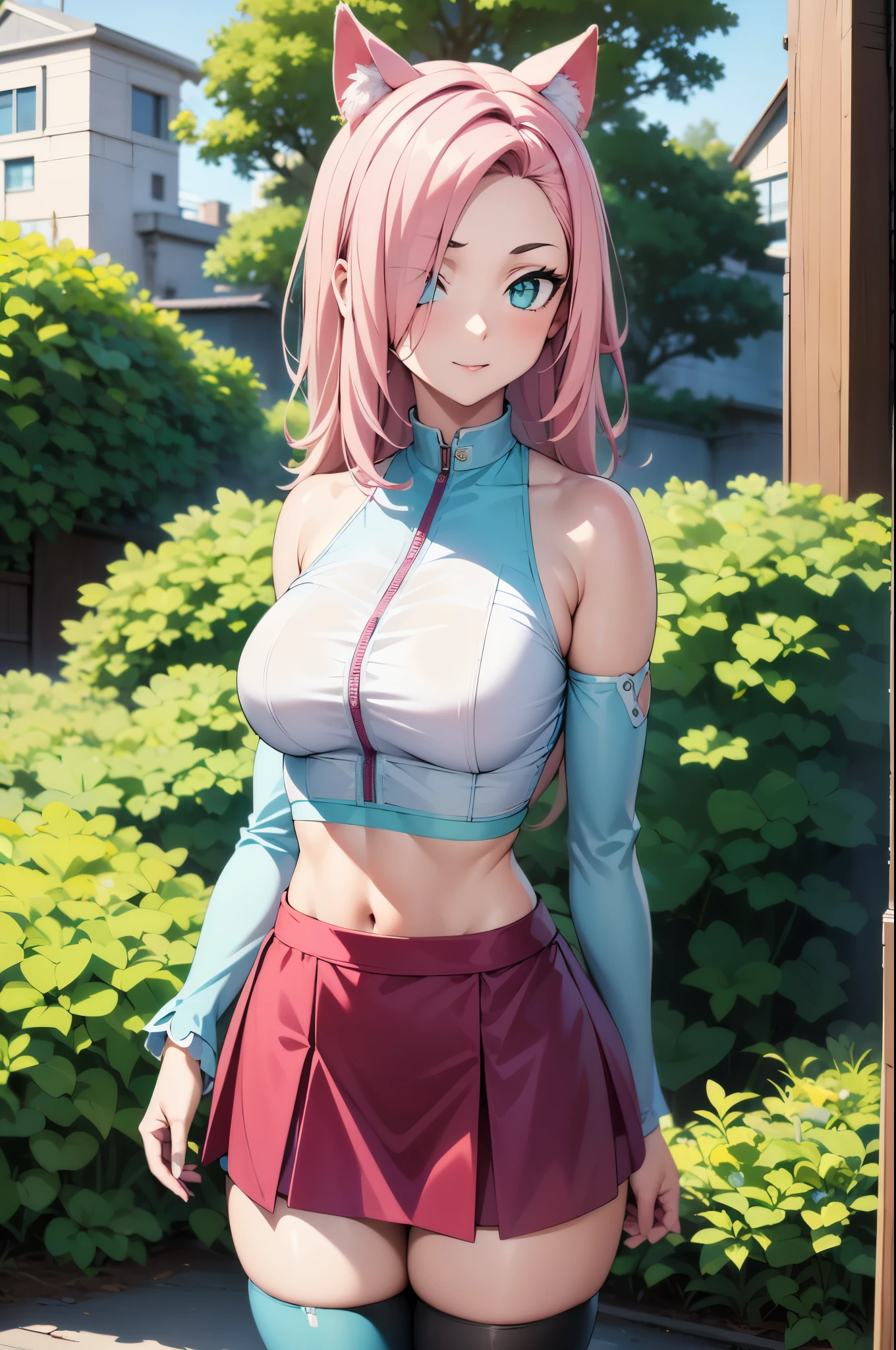 intricate details, 1girl, dionadef, aged up, absurdly long pink hair, calico cat ears, detailed teal green eyes, detailed crop top, detached sleeves, midriff, detailed skirt, detailed stockings, outside, nature, detailed background, cowboy shot