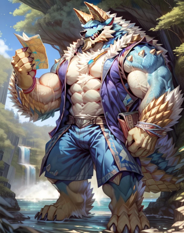 anthro,(zinogre:1.2),tail,((full body,blue eyes, blue body, white furry, yellow hand, yellow feet, blue face,4TOES,TAILS )),((horns)),muscular, nipples, map, (HOLDING MAP),waterfall, 
sharp teeth, spikes, detailed hands, TRAVELER ,spikes, DETAILED FEET, ((rucksack, )), ((travel clothing, vest, )), river, 
(by null-ghost,by raccoon21,masterpiece, high quality), (Massiv:8.0, ( heavyweight ,stark,Macro, accentuate the huge size))