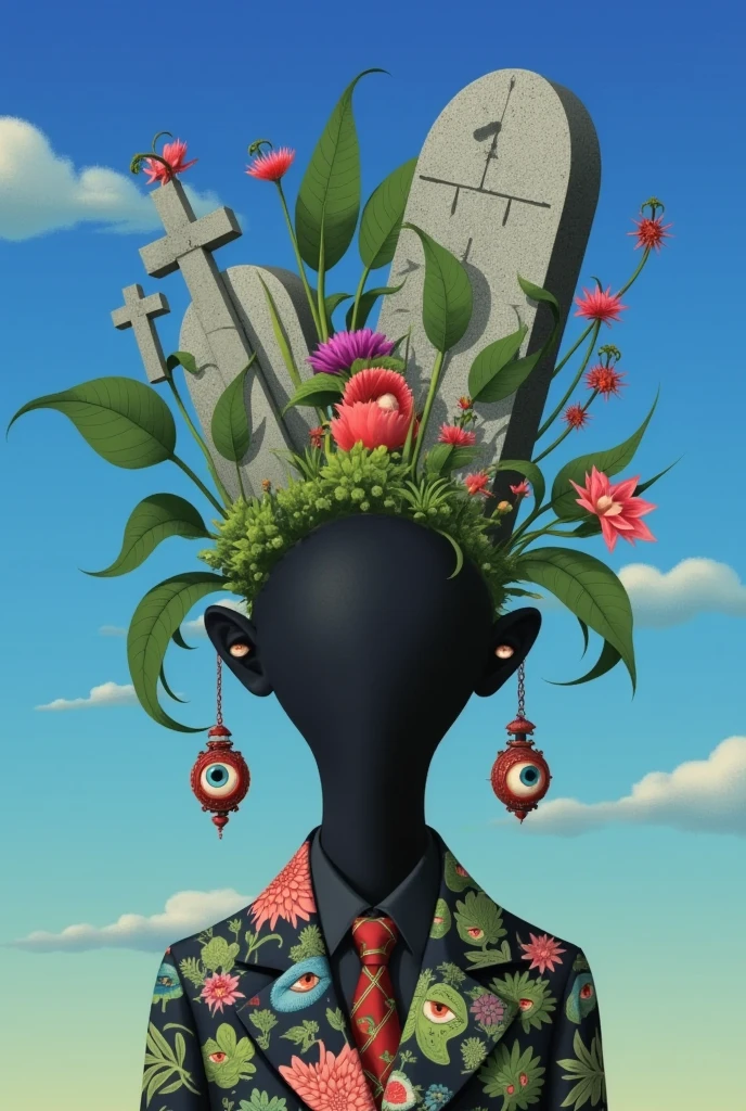 super absurd realist illustration：Strange objects and tombstones on the head of a faceless man standing under the blue sky+ Cross 。(((Plants with eyes)))。Pocket Watch。Inspired by Medusa，The Third Eye。 magical realism bizarre art, Doll Plant