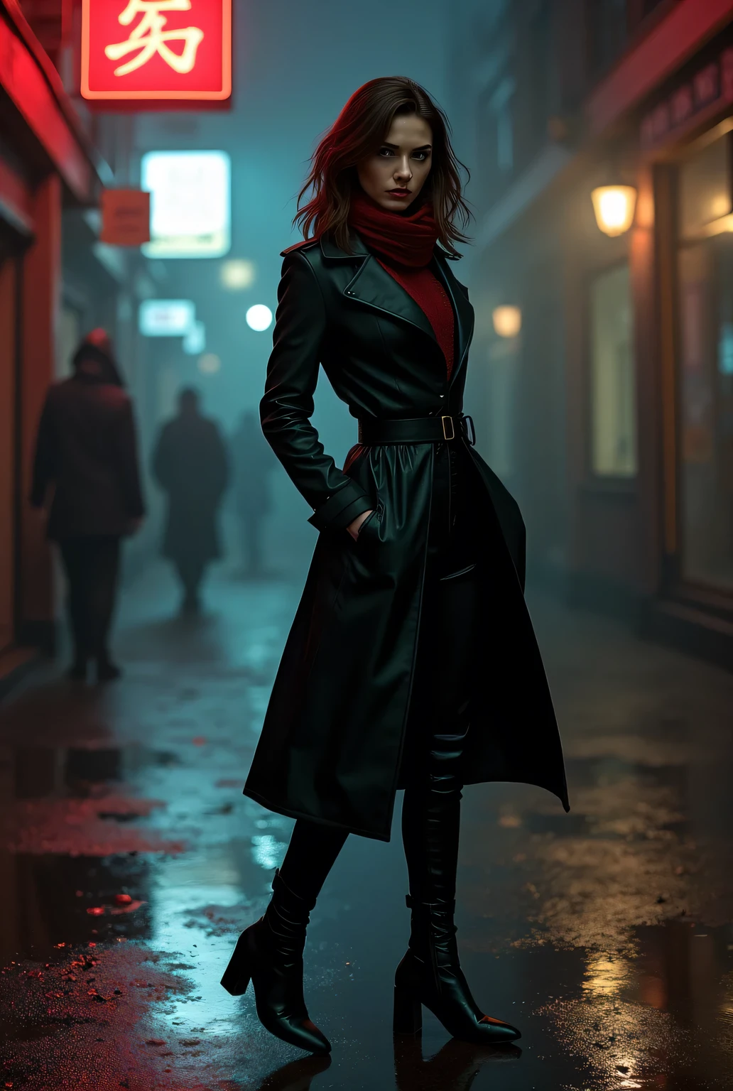 A female assassin in a dark trench coat with a cinched waist and a subtle red lining, paired with a burgundy scarf wrapped around her neck. She wears sleek black pants and sharp, stylish boots, with black leather gloves completing the look. Her brown semi-long straight hair,  moves slightly in the wind, and her cold, piercing gaze reveals her deadly precision. She stands in a dimly lit urban alley at night, the ground wet from recent rain, reflecting the glow of neon signs and windows. A tense, cinematic atmosphere surrounds her as she subtly reaches into her coat, readying a concealed weapon. The environment is filled with soft shadows, faint reflections, and the distant silhouette of suspicious figures, adding to the suspense. Highly detailed, dramatic lighting, realistic textures, and a noir-inspired mood.