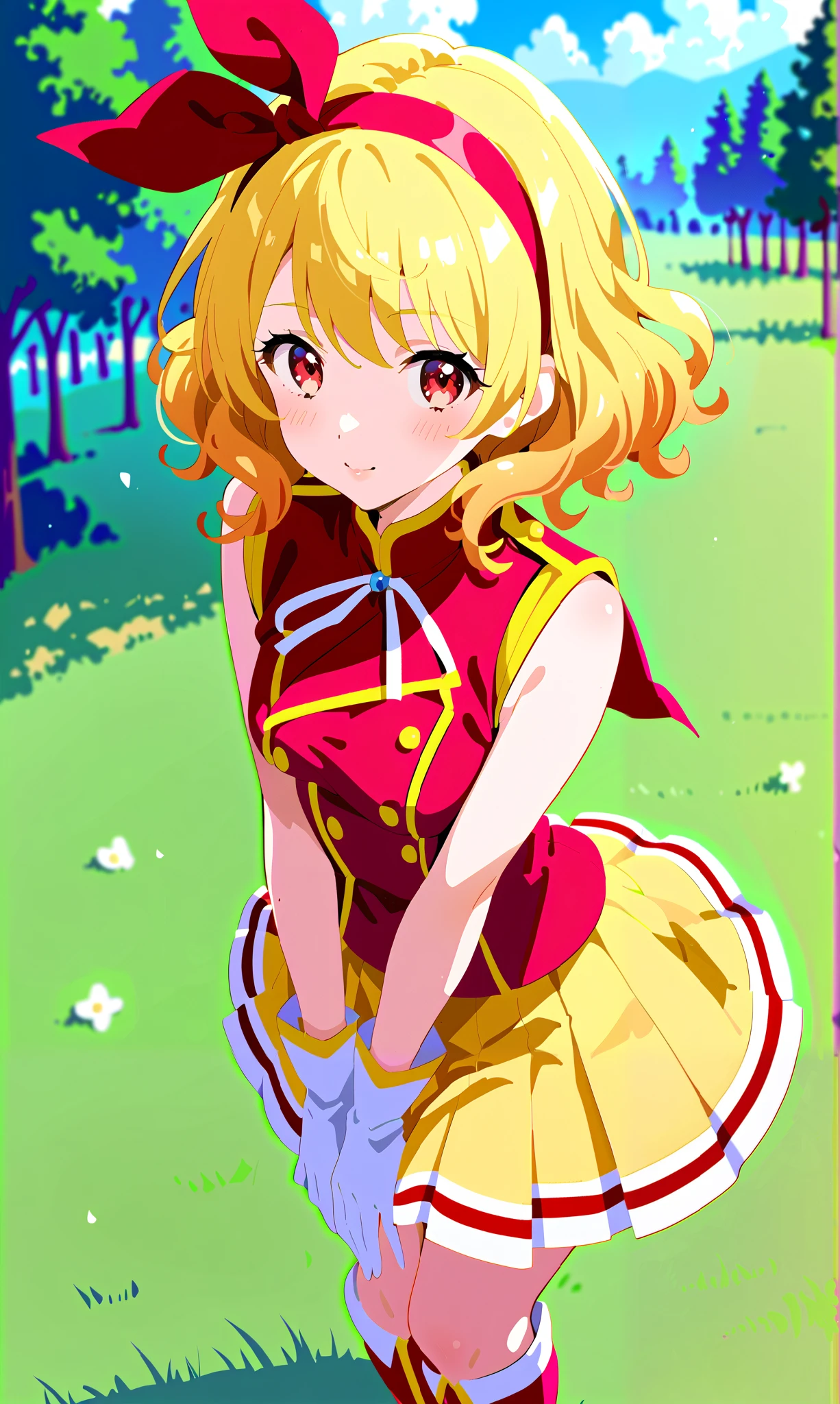 Anime image of a girl wearing Sunfes marching band uniform (Sound! Euphonium), Ichigo Hoshimiya, 1 girl, outdoors, blonde hair, red eyes, (red ribbon on hair band: 1.2), gloves, solo, hat, looking Viewer side, sleeveless, white gloves, pleated skirt, knee boots, cowboy shot, trees, blush, grass, sky, blurred background, from above