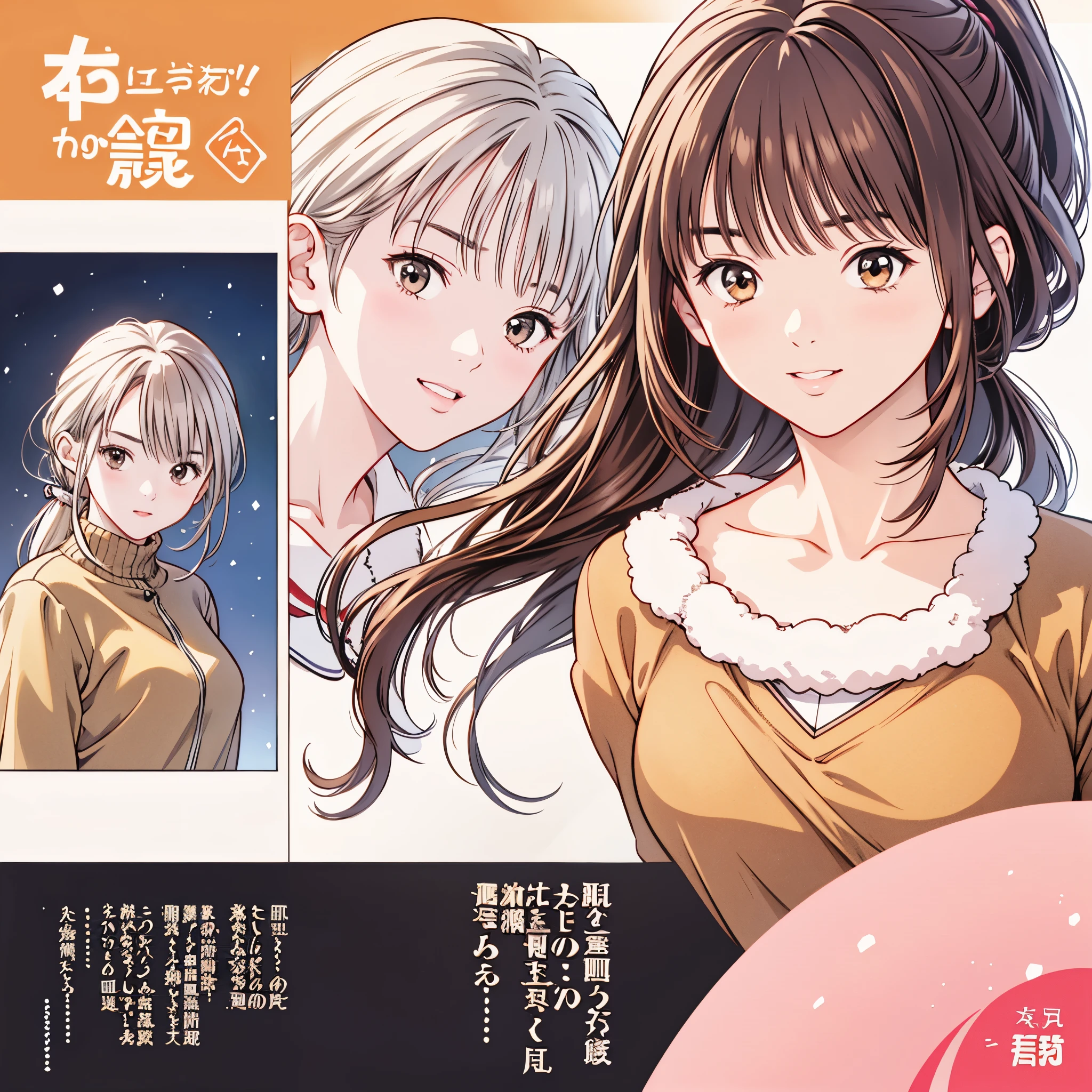 (8k、 top quality 、​masterpiece:1.2)、( realistic 、 ultra-detailed、 super A high resolution、 2 girls in 2、(One person has silver hair 、一人はBrown Hair )、 beautiful detailed face、smile、narrow、( slim waist) :1.3)、Autumn Clothes、  、 skin texture、Floating Hair、  Professional Lighting 、Junior high school students服 人体全体、Brown Hair、Shy、Mikity、 romantic in the snow、Junior high school students、、Ponytail、 idol poses、