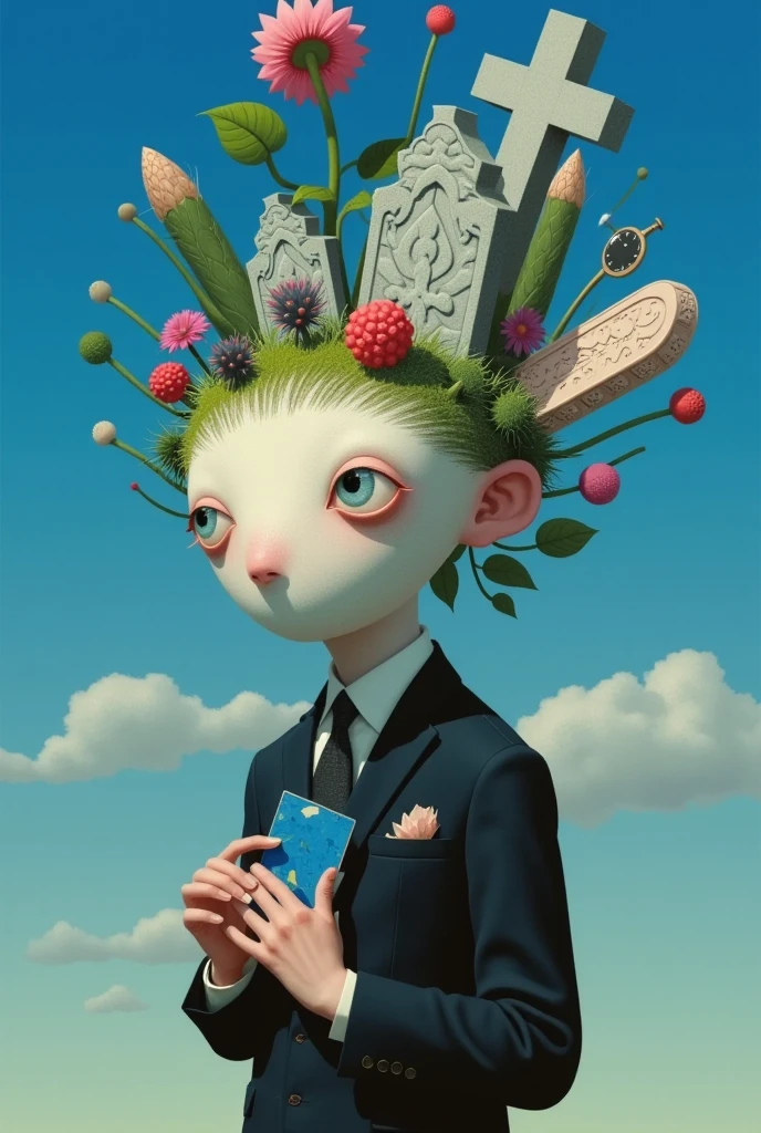 super absurd realist illustration：Strange objects and tombstones on the head of a faceless man standing under the blue sky+ Cross 。(((Plants with eyes)))。Pocket Watch。A crow。Inspired by Medusa，The Third Eye。 magical realism bizarre art, Doll Plant