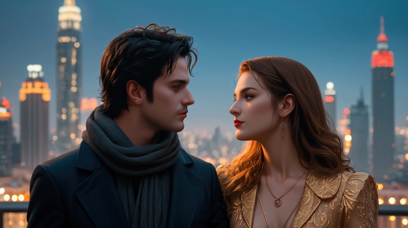 araffes a man and a woman standing in front of a city skyline, movie still 8 k, movie promotional image, anton fadeev 8 k, by mads berg, stunning digital illustration, by Alexander Kucharsky, cinematic realistic portrait, anato finnstark and alena aenami, in style of digital illustration, 8k portrait render