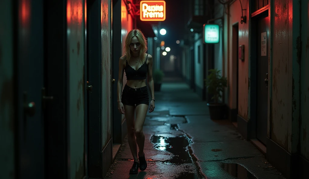 Night, realistic, photography showing a frail, drug-addicted young blonde woman, resembling Emma Stone, with a large interpupillary distance. She has smokey eyes, wears black shorts and flat black shoes, her thin and fragile body moving unsteadily like a drug addict. empty bride New York City walkway at night,  she stands at the doors, opens a door on the left to her apartment, neon lights from vibrant signs glowing above and reflecting off the wet pavement.  on the right, she sees the entry of a dirty, dark, side alley.  night