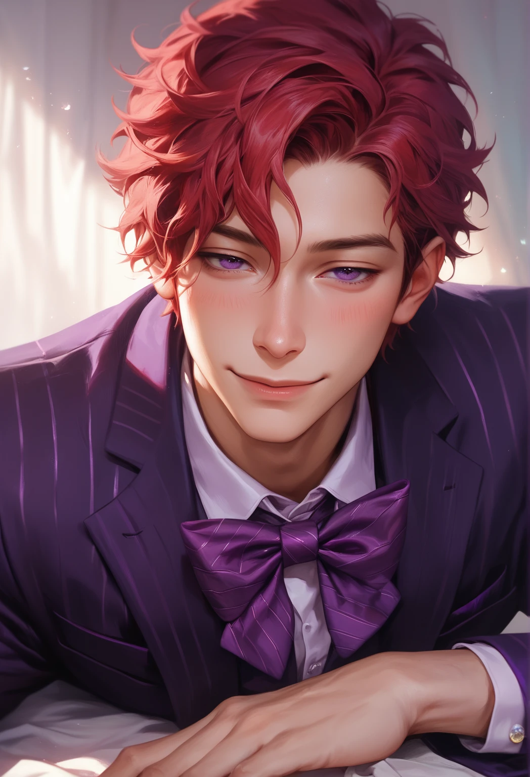 adult male, red hair, solo, 1boy, dark purple eyes, male focus, chest, out of frame, reality, (purple striped suit, purple bow tie), (sensual, Half-closed eyes, light smile, slight blush), sensual pose, sexy, lying down, good anatomy