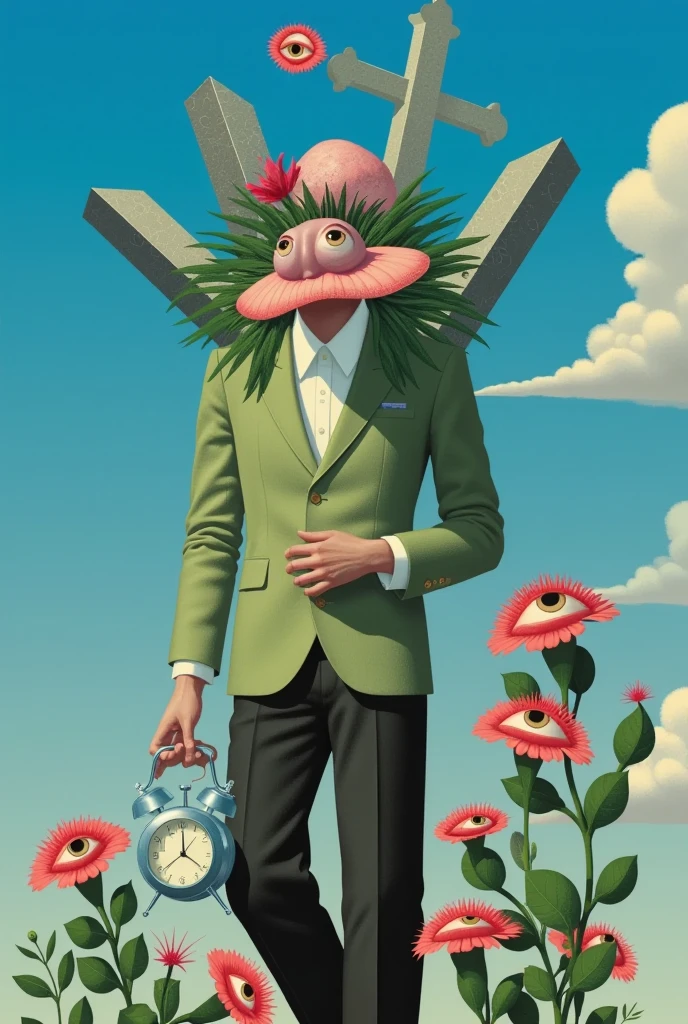 super absurd realist illustration：Strange objects and tombstones on the head of a faceless man standing under the blue sky+ Cross 。(((Plants with eyes)))。Holding an alarm clock in hand 。 inspired by Medusa，The Third Eye。 magical realism bizarre art, Doll Plant