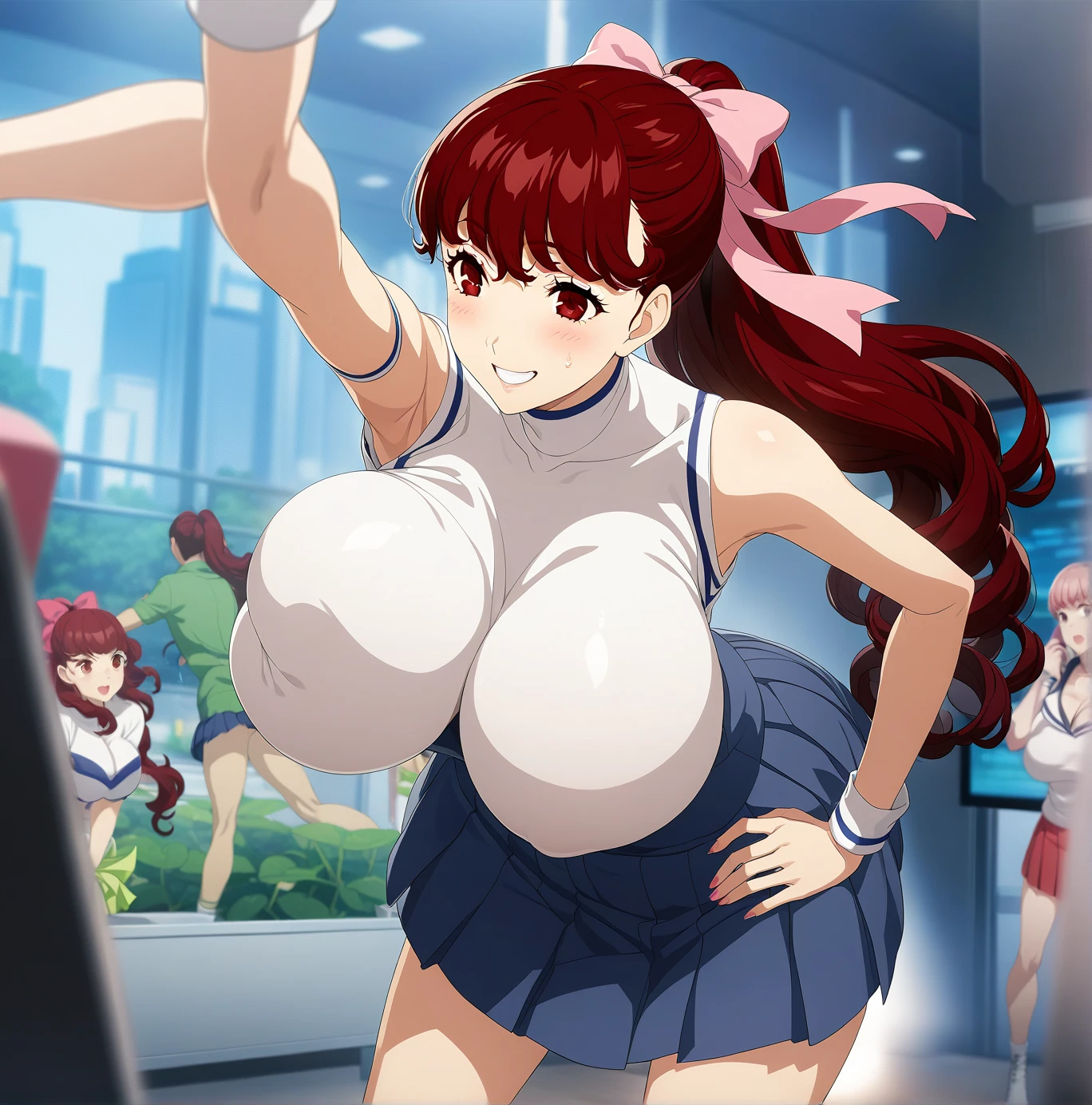 Dakasumi , Red Hair,  long hair,   ponytail,  red eyes,  hair bow,  cheerleader pleated skirt ,   1 girl, ,   depth of field ,   like the movie  ,  game cg,   animated screen capture ,   Official Art, masterpiece,   top quality 　smile　Big Breasts　Big Breasts　超Big Breasts　　　heart　 pink　Venus flytrap　My heart is trembling　  breast milk 　Boing Boing　
