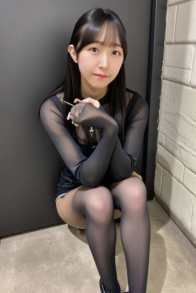 A woman kneeling on the floor wearing a mask and a black dress, Beasts, sakimichan, Masked, Wear a mask, (SFW) Safe at Work, with kitsune mask, partially Masked, finely Masked, Remove the mask, lower angle, Wearing Atsuko Kudo's latex costume, Masked person in corner