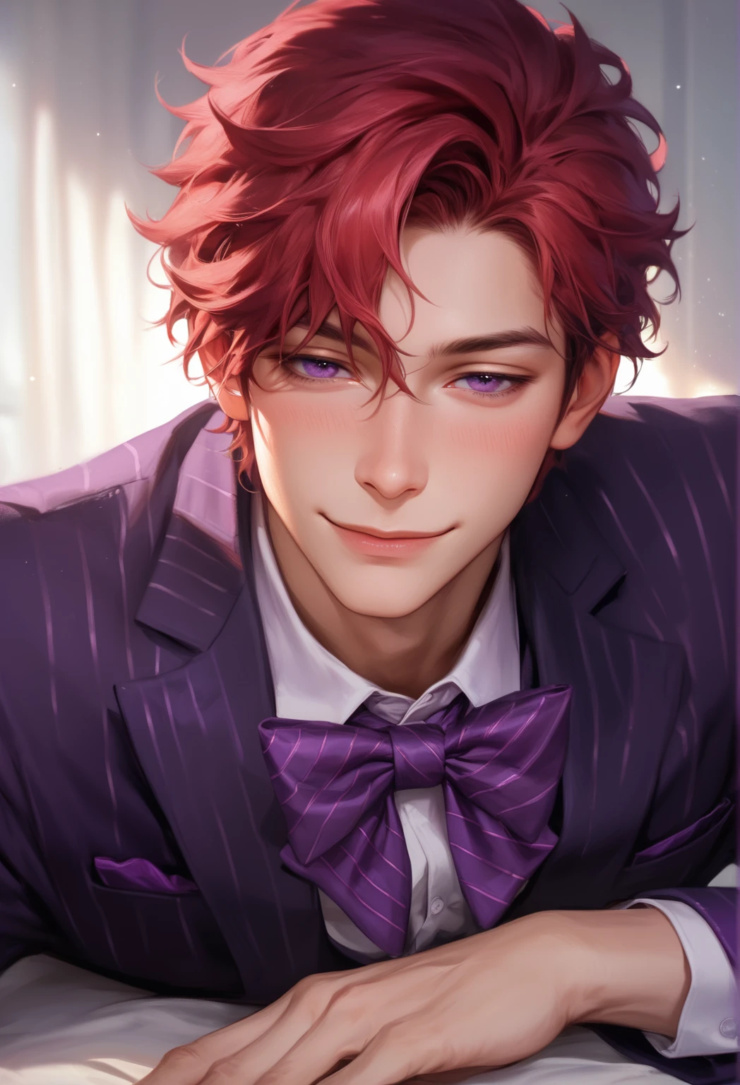 adult male, red hair, solo, 1boy, dark purple eyes, male focus, chest, out of frame, reality, (purple striped suit, purple bow tie), (sensual, Half-closed eyes, light smile, slight blush), sensual pose, sexy, lying down, good anatomy