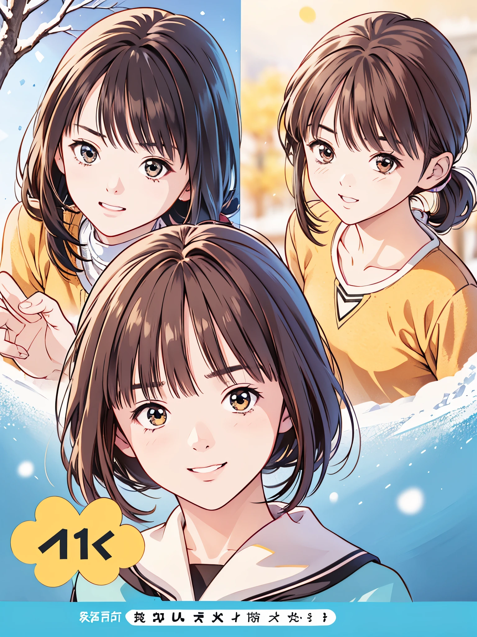 (8k、 top quality 、​masterpiece:1.2)、( realistic 、 ultra-detailed、 super A high resolution、 1 girl、、 beautiful detailed face、smile、narrow、( slim waist) :1.3)、Autumn Clothes、  、 skin texture、Floating Hair、  Professional Lighting 、 high schoolnts服 人体全体、((Brown Hair、Shy、Mikity))、 romantic in the snow、((Junior high idol poses))、cool、Tree Eyes、School、