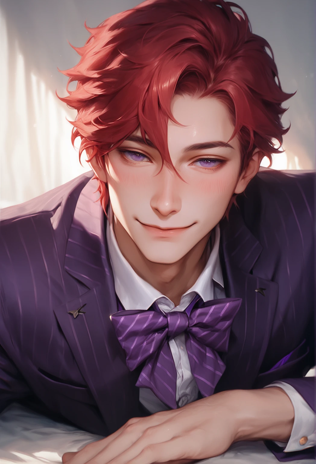 adult male, red hair, solo, 1boy, dark purple eyes, male focus, chest, out of frame, reality, (purple striped suit, purple bow tie), (sensual, Half-closed eyes, light smile, slight blush), sensual pose, sexy, lying down, good anatomy