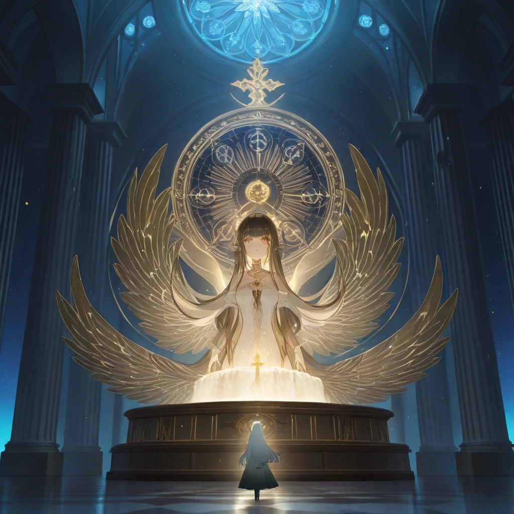 {
  "prompt": "A grand hall named 'Hall of Silence', the headquarters of the Afterlife Management Bureau. The atmosphere is cold and somber, illuminated by faint, ethereal blue light. The hall features towering dark stone walls engraved with ancient symbols, a high arched ceiling adorned with glowing patterns, and a central fountain called 'Spring of Purification' emitting a soft, misty glow. Rows of black doors line the sides, leading to individual rooms for grim reapers. At the far end of the hall, an enormous, glowing ledger hovers above a pedestal, symbolizing the Death Ledger. The floor is polished obsidian, reflecting the eerie light, and the entire space exudes an aura of authority and mystery.",
  "size": "1024x1024"
