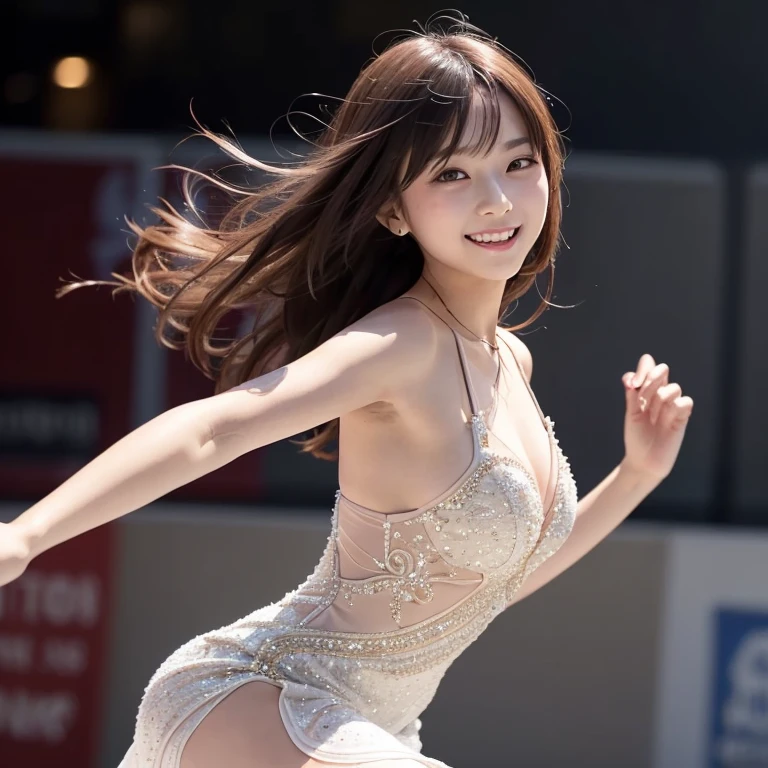  A woman in a short dress is performing figure skating, Beautiful and elegant、Skating rink、Acting at a figure skating competition 、 looking at camera、 Detailed Beautiful Eyes 、 cute smile、 a soft and gentle expression 