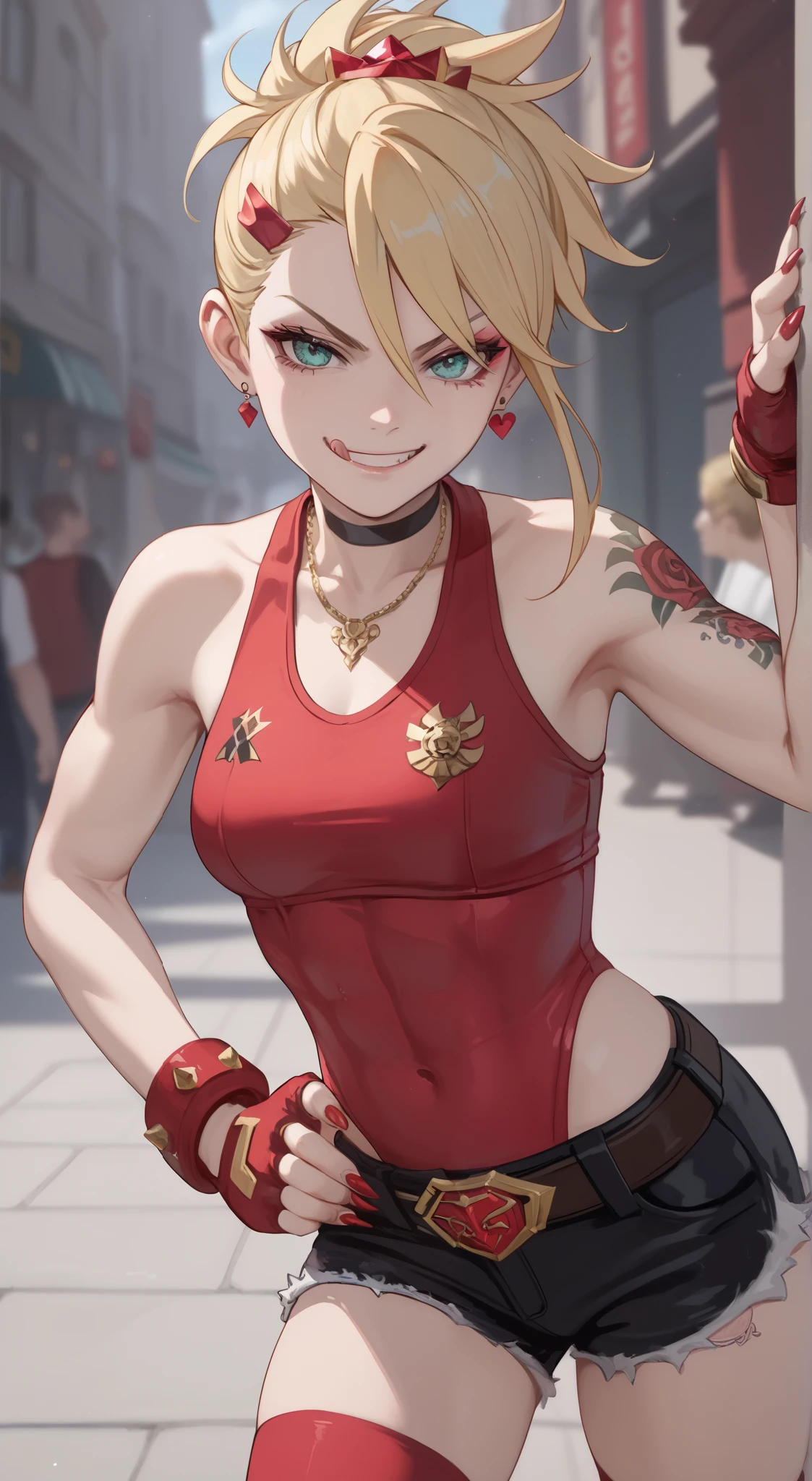 young girl, longue blonde hair, Hairpin with a bundle, turquoise eyes, Yakuza tattoos, red tight uniform, Sleeveless, Wide neckline on the chest to the abdomen, Gold Elements, Red gold armor, Shorts, claws, smirk, Masterpiece, hiquality, 4k, HD, Good detail