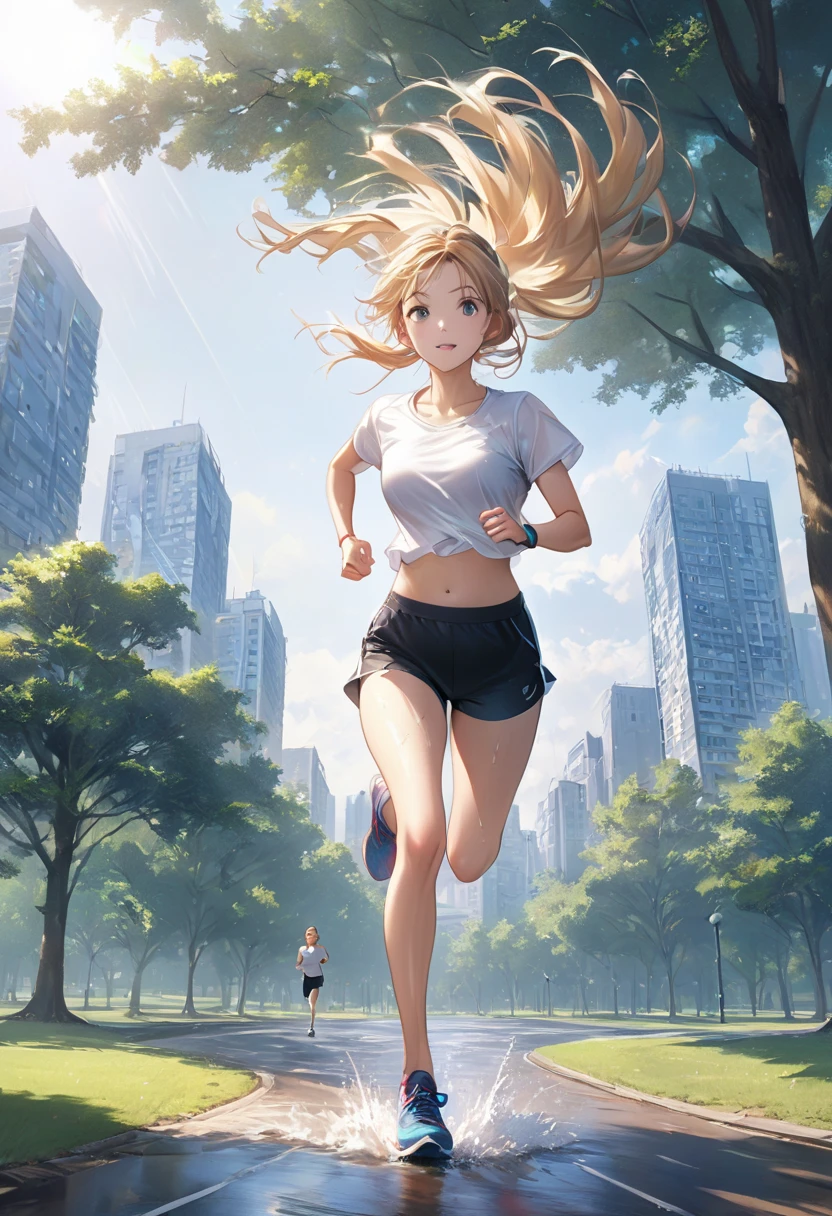 Realistic photo of a city park, with a young woman running with a full-body sports figure, dressed in a white T-shirt, with blonde hair gathered in a ponytail, which is developed by the wind, full body three3 quarters side shot, against the background of trees, through which the sunlight breaks through, the girl is running on a wet path from the rain --ar 9:16 --v 6.1