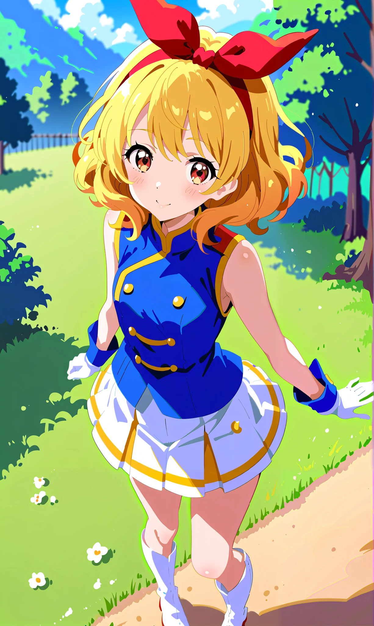 Anime image of a girl wearing Sunfes Marching Band uniform, (Sound! Euphonium), Ichigo Hoshimiya, 1 girl, outdoors, blonde hair, red eyes, (red ribbon on hairband: 1.2), blue and white sleeveless jacket, White gloves, solo, looking side, sleeveless, white pleated skirt, white knee boots, cowboy shot, trees, blush, grass, sky, blurred background, from above