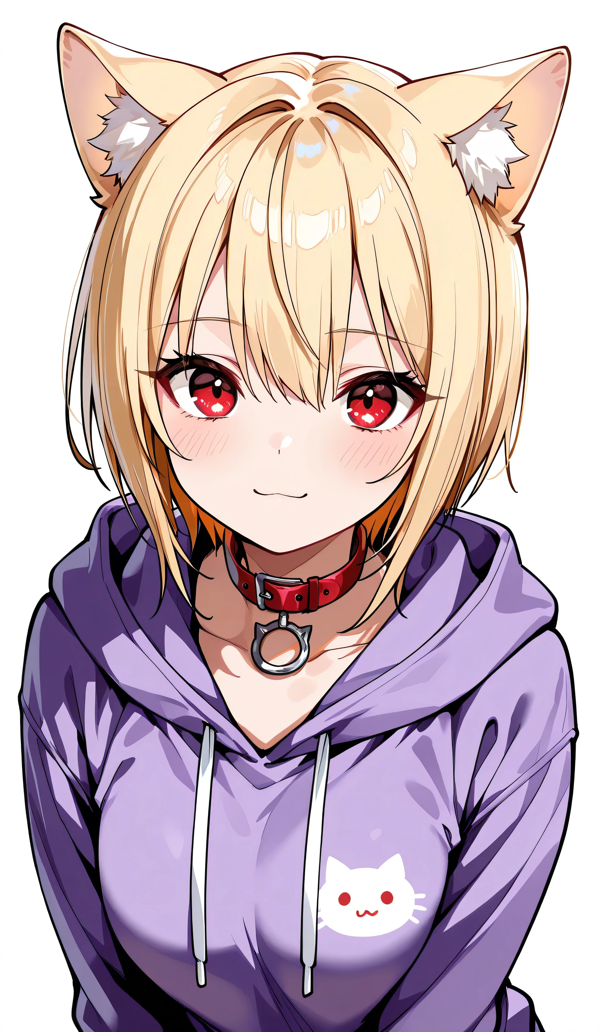 best quality、8k、 highres icon、 One Girl 、バストアップ、Alone、Blonde, Shorthair, short hair 、 cat ears the same color as hair
BREAK
red eyes, red eyes
BREAK
Black collar , purple hoodie , hotpants, white background 