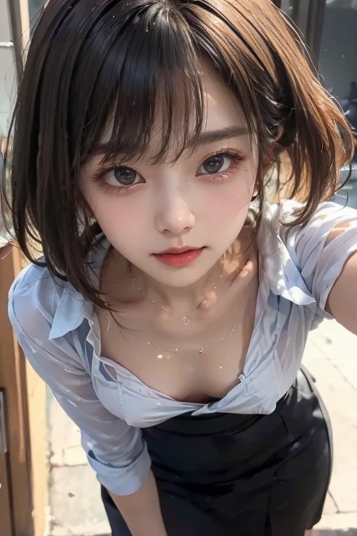 absurdres, (masterpiece, best quality), (ultra-detailed), extremely detailed,super high resolution, (Top Quality photorealistic Illustration), (Super Definition), (best quality,masterpiece:1.0),(cute illustration), (high Saturation:1.2), highres, ultra-detailed, 32k,8k resolution, intricate details, cinematic scene, detailed background, Soar (High chroma),(Sparkling),bathroom, depth background, in the sandy beach, ocean, splashing, blue sky, windy, rim light, sunlight, beautiful lighting, strong light,BREAK (one girl) (kawaii), (cute), Beautiful and delicate eyes, Delicate and beautiful face, Facial accents, Perfect figure, (show off small nipples:1.8), (small areolas),(open shirt:1.8), Uniforms、bright expression、short bowl cut、Young shiny shiny white shiny skin、Best Looks、Natural black hair with dazzling highlights、shiny light hair, (short hair), silky straight hair、Beautiful bangs that shine、Double eyelids、eye liner、Glowing crystal clear attractive big brown eyes,(Very beautiful nice cute 14 year old Nordic girl)