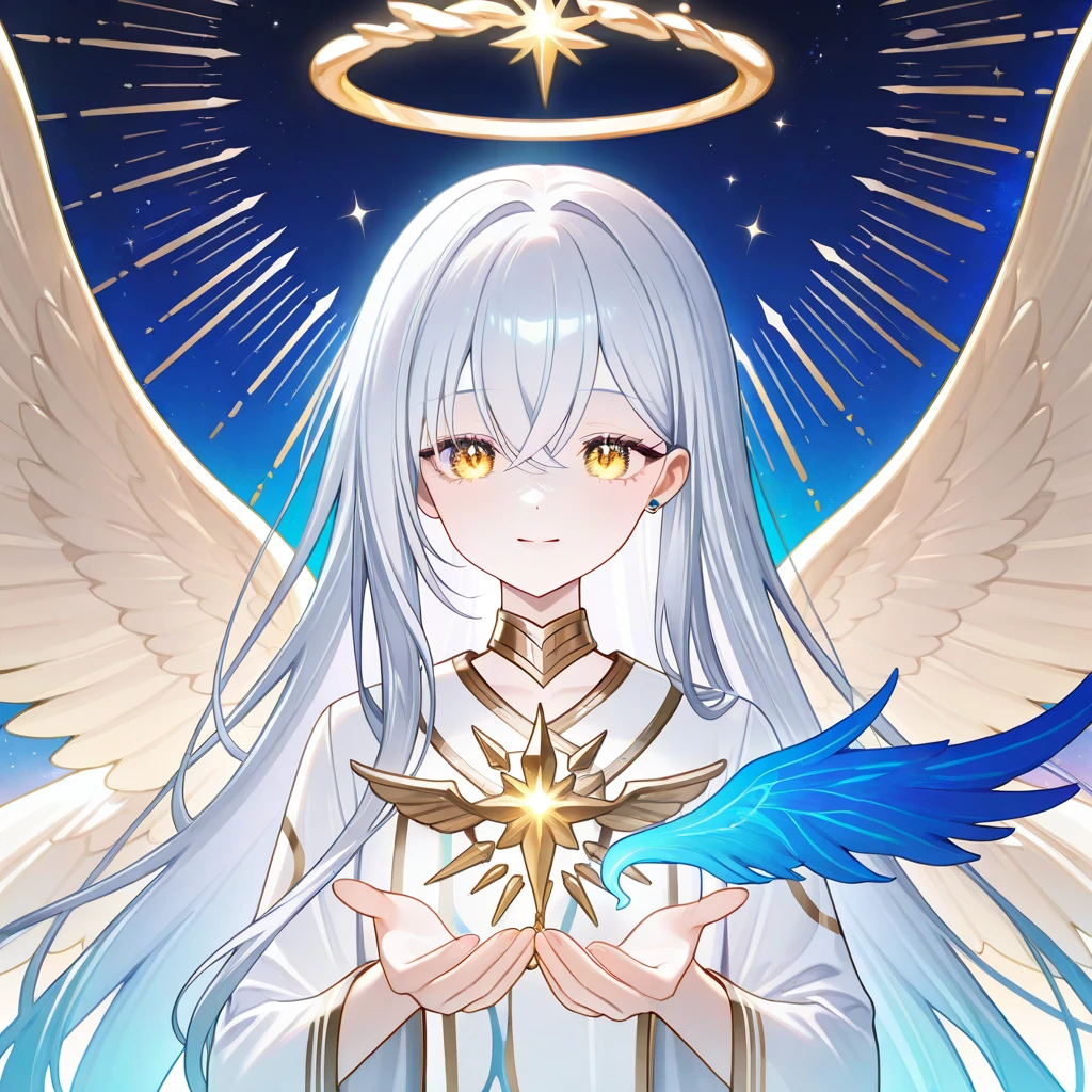 1girl, ethereal angel, long flowing silver hair, radiant golden halo, white feathery wings with shimmering edges, intricate white robe with silver and blue accents, divine and commanding presence, piercing golden eyes, serene yet authoritative expression, heavenly aesthetic, detailed glowing wings, ethereal light illuminating the figure, blue and white celestial background, upper body, focus on the face
  "size": "1024x1024"