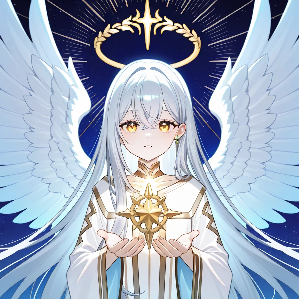 1girl, ethereal angel, long flowing silver hair, radiant golden halo, white feathery wings with shimmering edges, intricate white robe with silver and blue accents, divine and commanding presence, piercing golden eyes, serene yet authoritative expression, heavenly aesthetic, detailed glowing wings, ethereal light illuminating the figure, blue and white celestial background, upper body, focus on the face
  "size": "1024x1024"