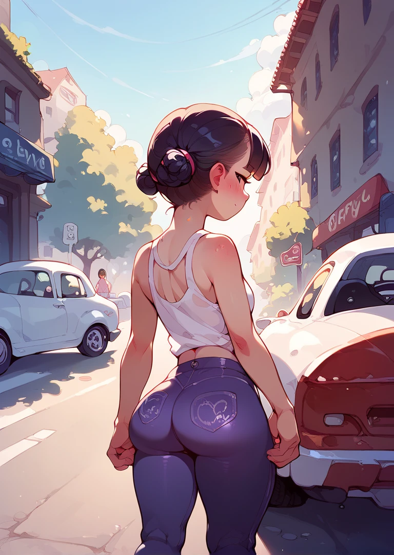 style li, style anime, cartoon girl with long black hair and purple pants standing in front of a car panties