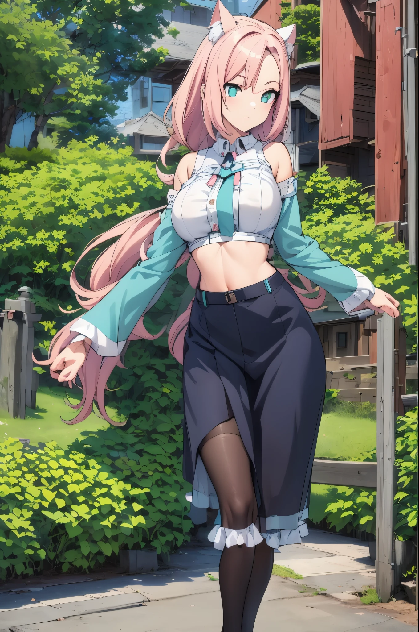 intricate details, 1girl, dionadef, aged up, absurdly long pink hair, calico cat ears, detailed teal green eyes, detailed crop top, detached sleeves, midriff, detailed skirt, detailed stockings, outside, nature, detailed background, cowboy shot