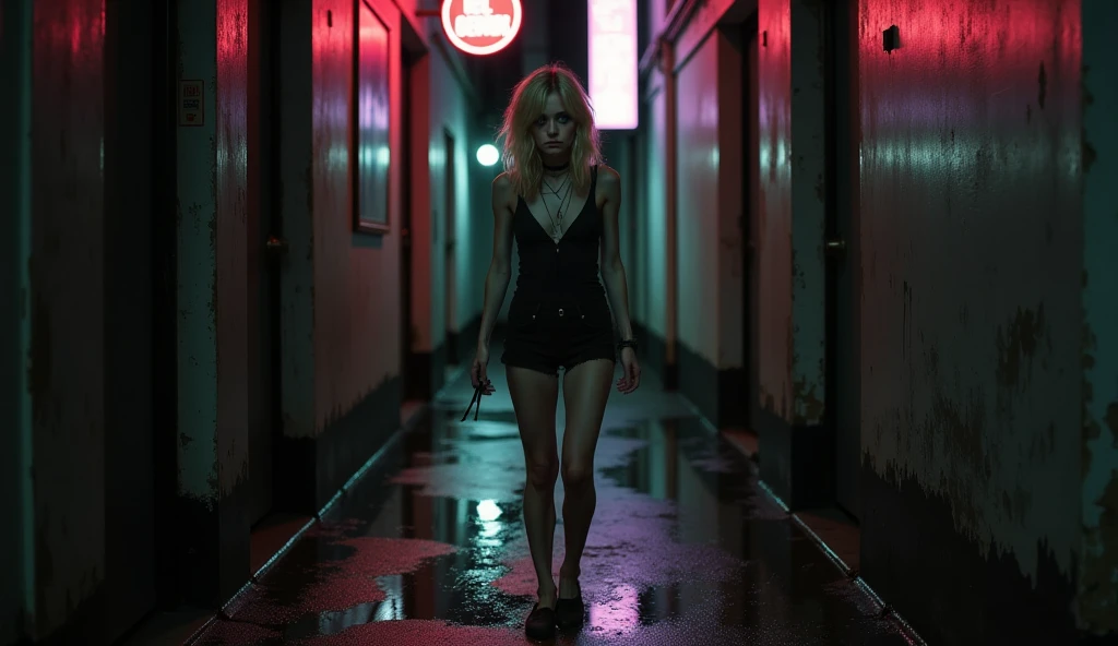 Night, realistic, photography showing a frail, drug-addicted young blonde woman, resembling Emma Stone, with a large interpupillary distance. She has smokey eyes, wears black shorts and flat black shoes, her thin and fragile body moving unsteadily like a drug addict. empty bride New York City walkway at night,  she stands at the doors, opens a door on the left to her apartment, neon lights from vibrant signs glowing above and reflecting off the wet pavement.  on the right, she sees the entry of a dirty, dark, side alley.  night