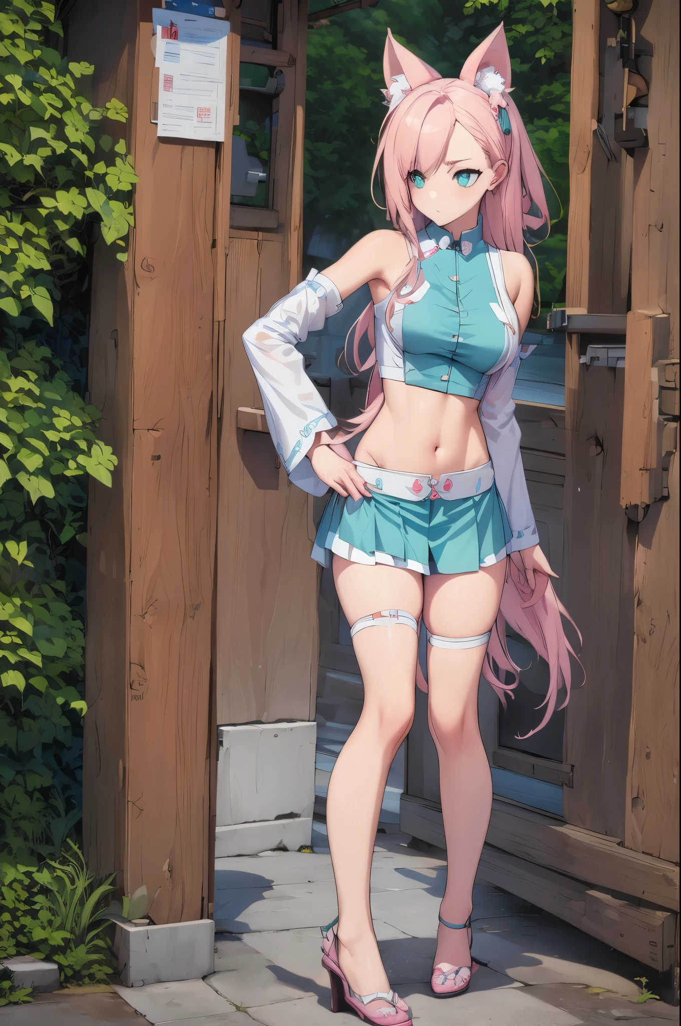 intricate details, 1girl, dionadef, aged up, absurdly long pink hair, calico cat ears, detailed teal green eyes, detailed crop top, detached sleeves, midriff, detailed skirt, detailed stockings, outside, nature, detailed background, cowboy shot