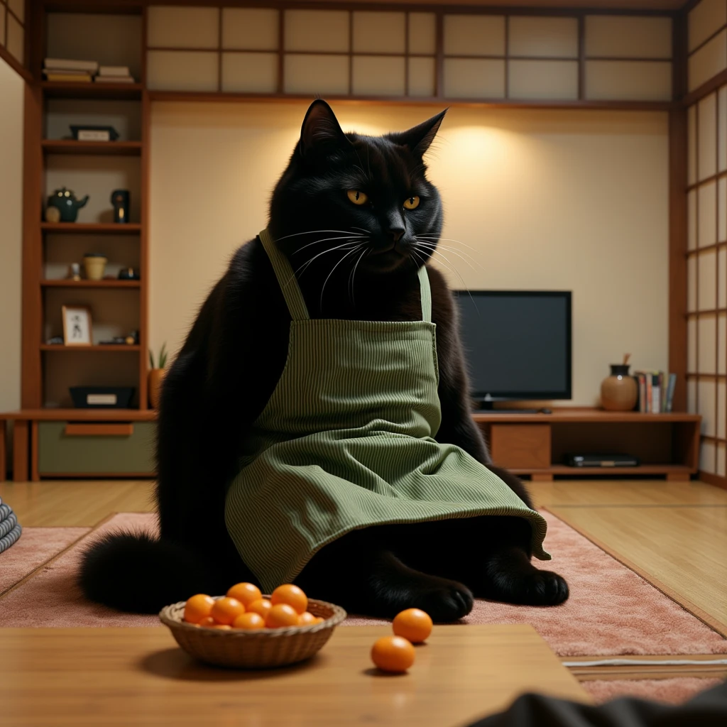 ultra-realistic, photorealistic, dramatic scene, shadow, global-illumination, the human-like giant black cat\(wearing a vertical striped green apron, sleepy, black cat, sitting on the floor at kotatsu table, watching TV\), there is a kotatsu on the large carpet in the stylish Japanese apartment room, a TV and shelf are in the room, stylish furnishings, mandarin oranges in the basket is on the low table, in winter, 