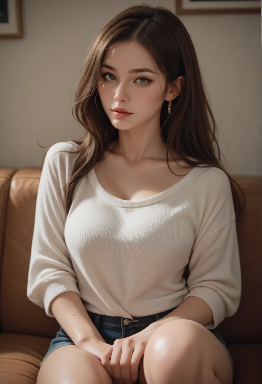 Photo of 21 year old girl, (brown hair with extra long wavy), ((portrait)), (Detailed face: 1.2)), (Detailed facial features)), (Fine skin), pale skin, high detail and deep cleavage, slim body, (cold color), reflection, (masterpiece) (Perfect proportions) (realistic photos) (highest quality), shot with Canon EOS R5, 50mm lens, f/2.8, HDR, (8k) (wallpaper) (movie lighting) (dramatic lighting) (sharp focus) (complex), (fashion, mini flared pastel skirt, heels), ((full body shot)), (studio background), ((from below))