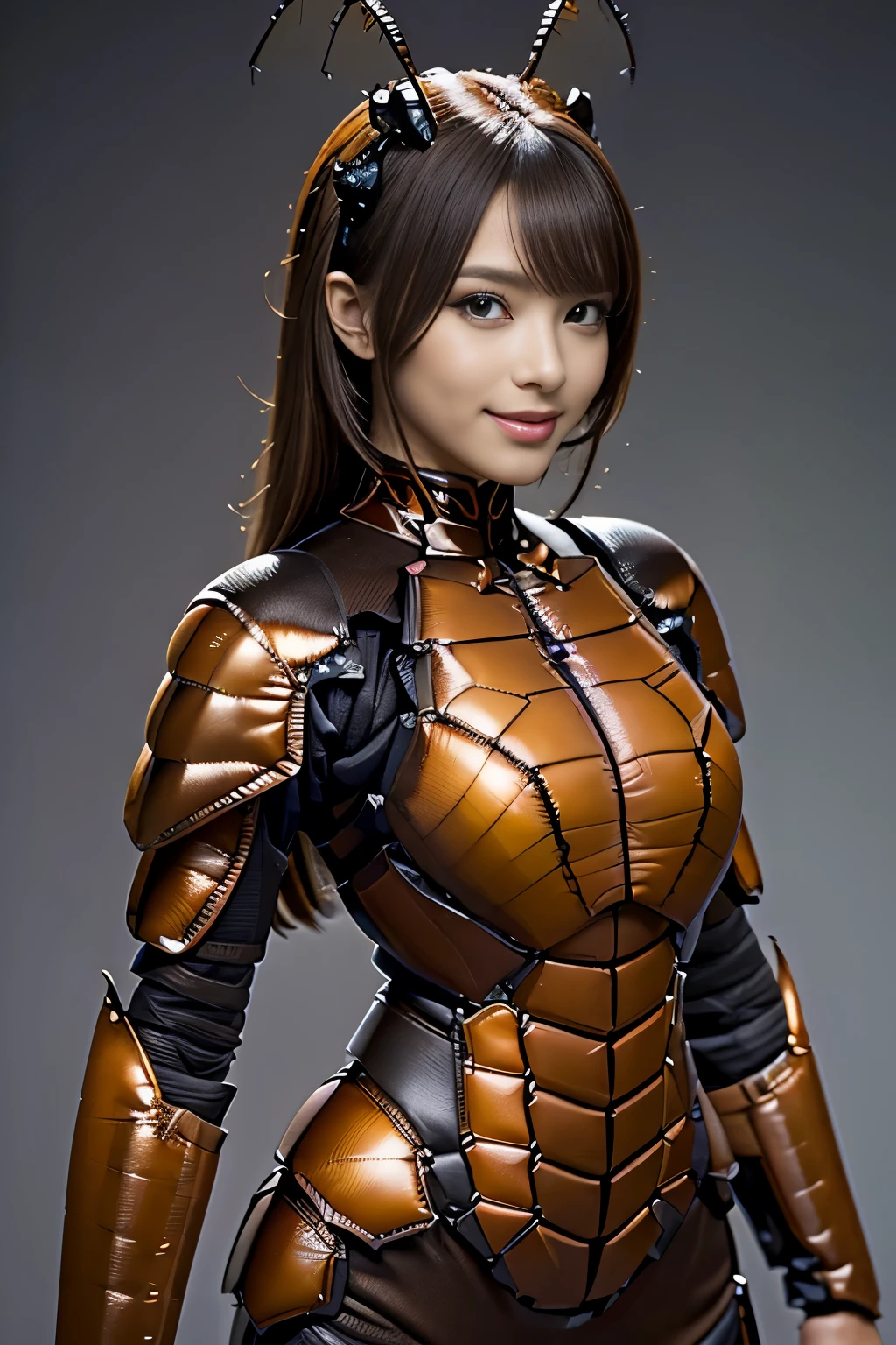 (high resolution,masterpiece,best quality,extremely detailed CG, anime, official art:1.4), realistic, photo, amazing fine details, all intricate, gloss and shiny,awesome many layers, 8k wall paper, 3d, sketch, kawaii, illustration,( solo:1.4), perfect female proportion,villainess, (fusion of dark brown cockroach and lady:1.4), (brown cockroach form lady:1.2), (brown cockroach lady:1.2), (fusion:1.2), (solo:1.4), (evil smile:1.2), muscular, abs, (cockroach brown exoskeleton bio insect suit:1.4), (cockroach brown exoskeleton bio insect armor:1.2), (brown transparency cockroach wing:1.4), (brown cockroach antennae:1.3),