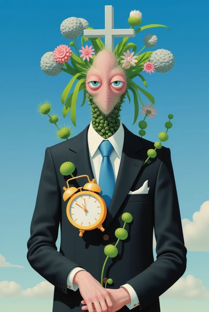 super absurd realist illustration：Strange objects and tombstones on the head are standing under the blue sky+ Cross 。(((Plants with eyes)))。Holding an alarm clock in his hand。 magical realism bizarre art, Doll Plant