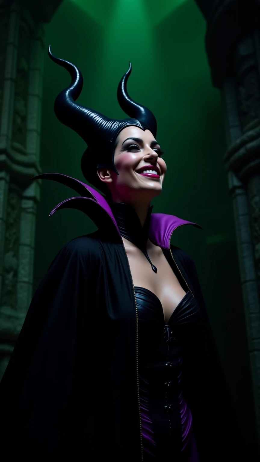 A stunning 3/4 shot of Maleficent looking almost non human, dangerously beautiful, sharp cheekbones, exotic, dangerous beauty, emphasis on her horns, extra long horns, purple highlights, purple reflected light, in the nude, hyper realistic, real portrait, backlit, exquisite features, cleavage, sexy, seductive, unnatural light, soft light, location is the interior of a dungeon, green light, eerie, purple highlights:1.4, she is smirking, she is busty, her chin is raised, looking down at viewer, low angle shot, exquisite features, exotic, very pronounced cheekbones, high cheekbones, show her full horns, her head is tilted back