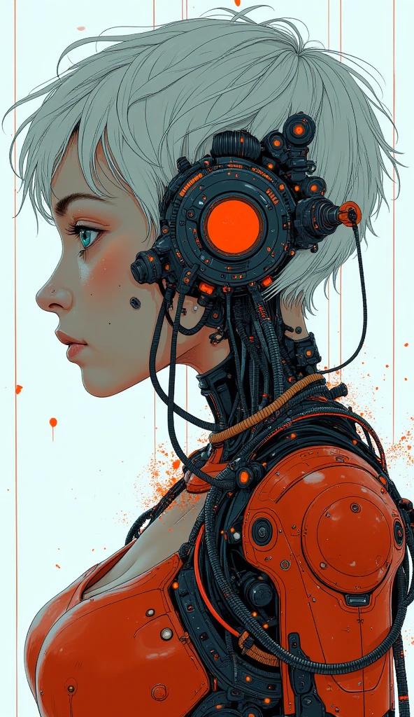 masterpiece, high-quality, A cybernetic woman in sleek red and black armor, her short white hair contrasting sharply with her intense gaze, Her armor is streamlined with metallic accents and a translucent larger image of herself looms behind as if showing her inner power, neon reflections, minimalistic composition, (elaborate fine details:1.1), (hyperdetailed:1.1), (intricate details:1.0), (Refined details:1.1), (best quality:1.1), (high resolution:1.2),
