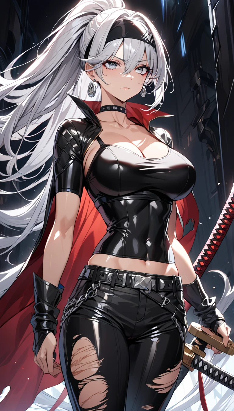 4K, masterpiece, Best Quality, (detailed face and eyes_1.4), detailed skin, detailed, One girl, Mature Body, nice Breasts, Alone, silver Hair, shiny silver eyes,a Mole under left eye, long straight hair,high ponytail, Headband,black Crop top,black ripped tactile pants, belts, choker, cape, slayers, scars, bored look, stern, Seductive eyes, metal Earrings, katana on waist, cowboy shot