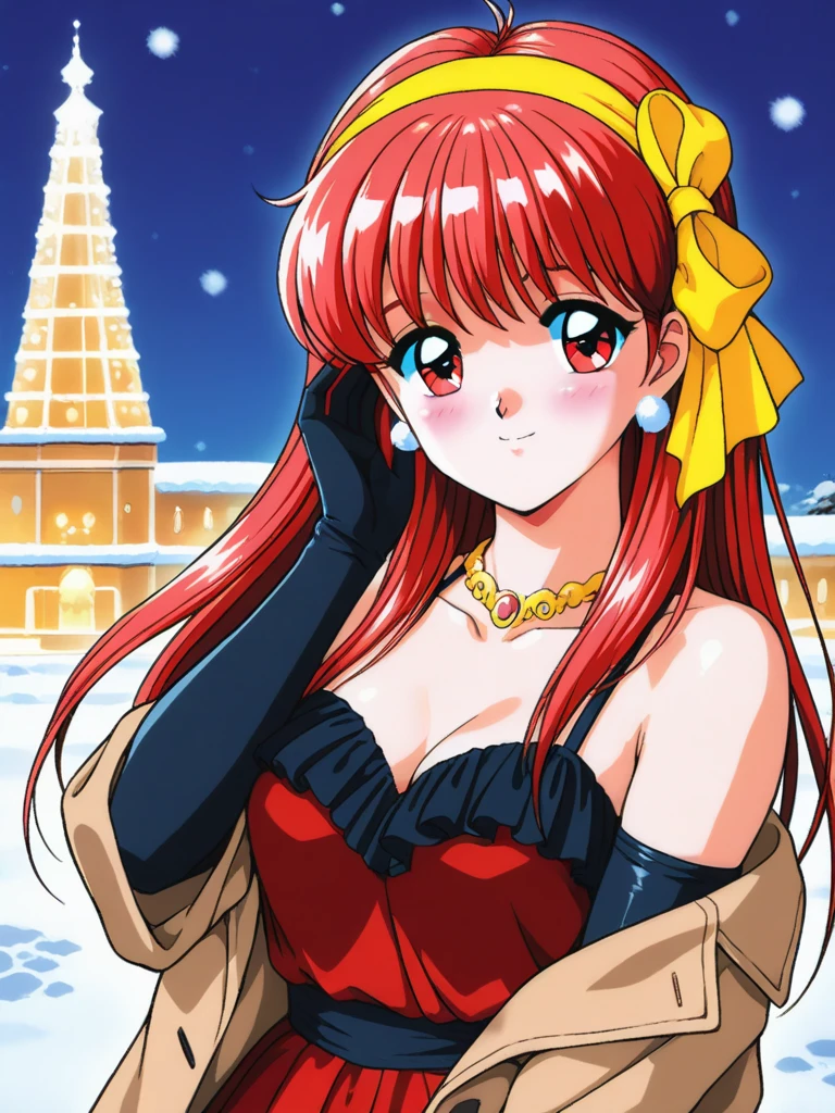 masterpiece, best quality,FujisakiShiori, 1girl, solo, long hair, red hair, red eyes, breasts, smile, happy, blush, black polka dots yellow hairband with hair bow, shiori dress, red dress, frills, bare shoulders, elbow gloves, necklace, earrings, Trench Coat and Scarf, Cute and warm clothes, cold winter night, retro artstyle,
