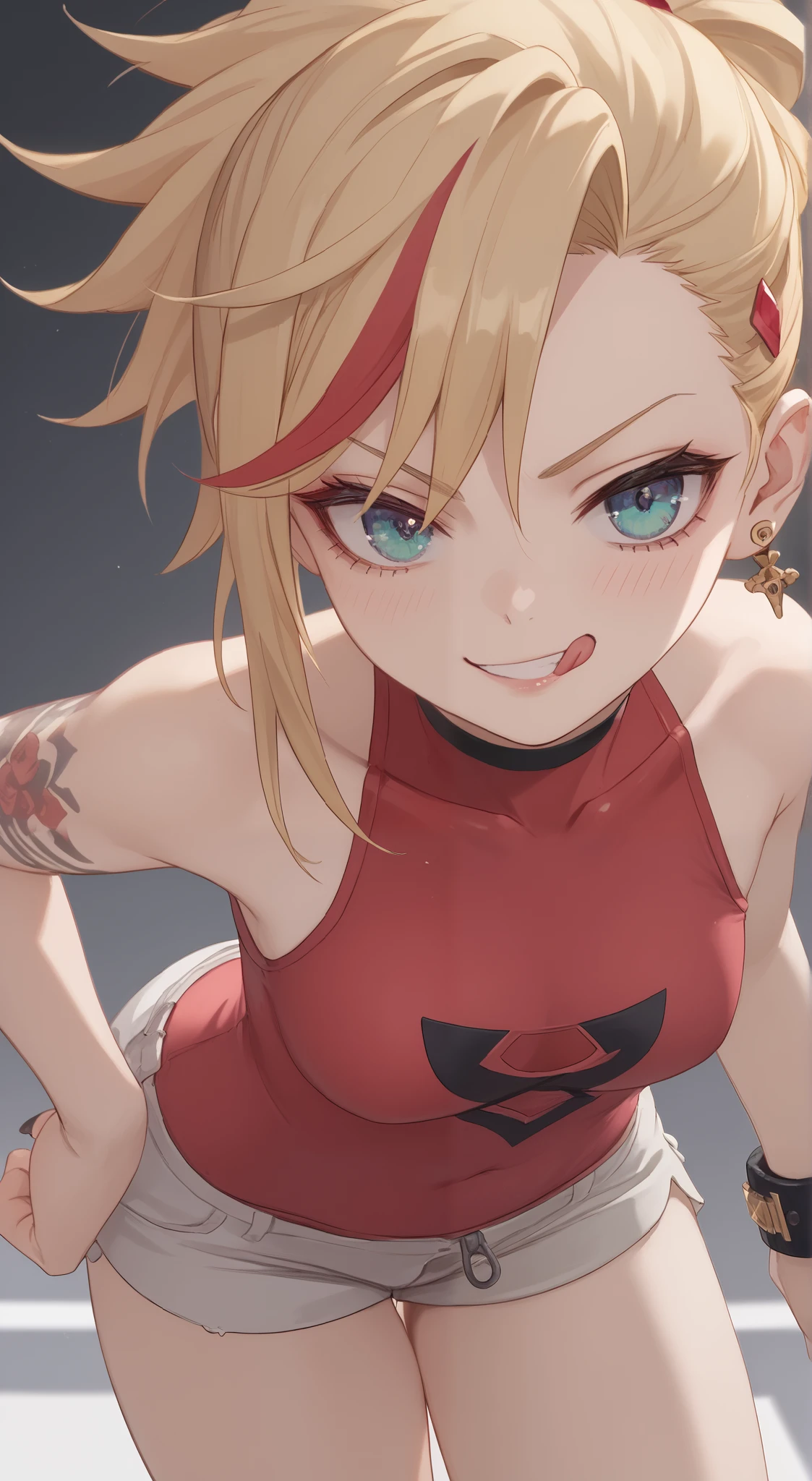 young girl, longue blonde hair, Hairpin with a bundle, turquoise eyes, Yakuza tattoos, red tight uniform, Sleeveless, Wide neckline on the chest to the abdomen, Gold Elements, Red gold armor, Shorts, claws, smirk, Masterpiece, hiquality, 4k, HD, Good detail