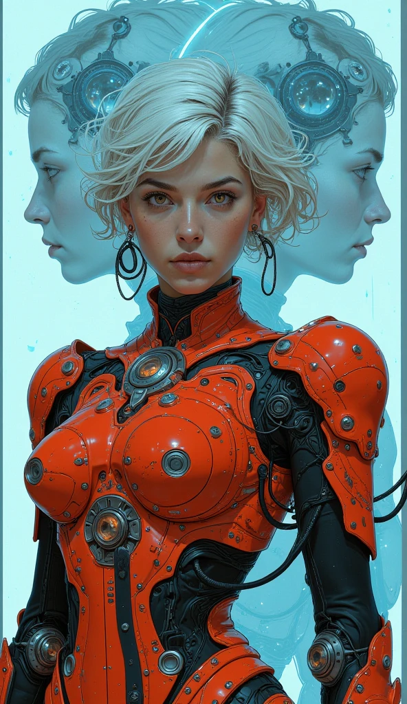 masterpiece, high-quality, A cybernetic woman in sleek red and black armor, her short white hair contrasting sharply with her intense gaze, Her armor is streamlined with metallic accents and a translucent larger image of herself looms behind as if showing her inner power, neon reflections, minimalistic composition, (elaborate fine details:1.1), (hyperdetailed:1.1), (intricate details:1.0), (Refined details:1.1), (best quality:1.1), (high resolution:1.2),
