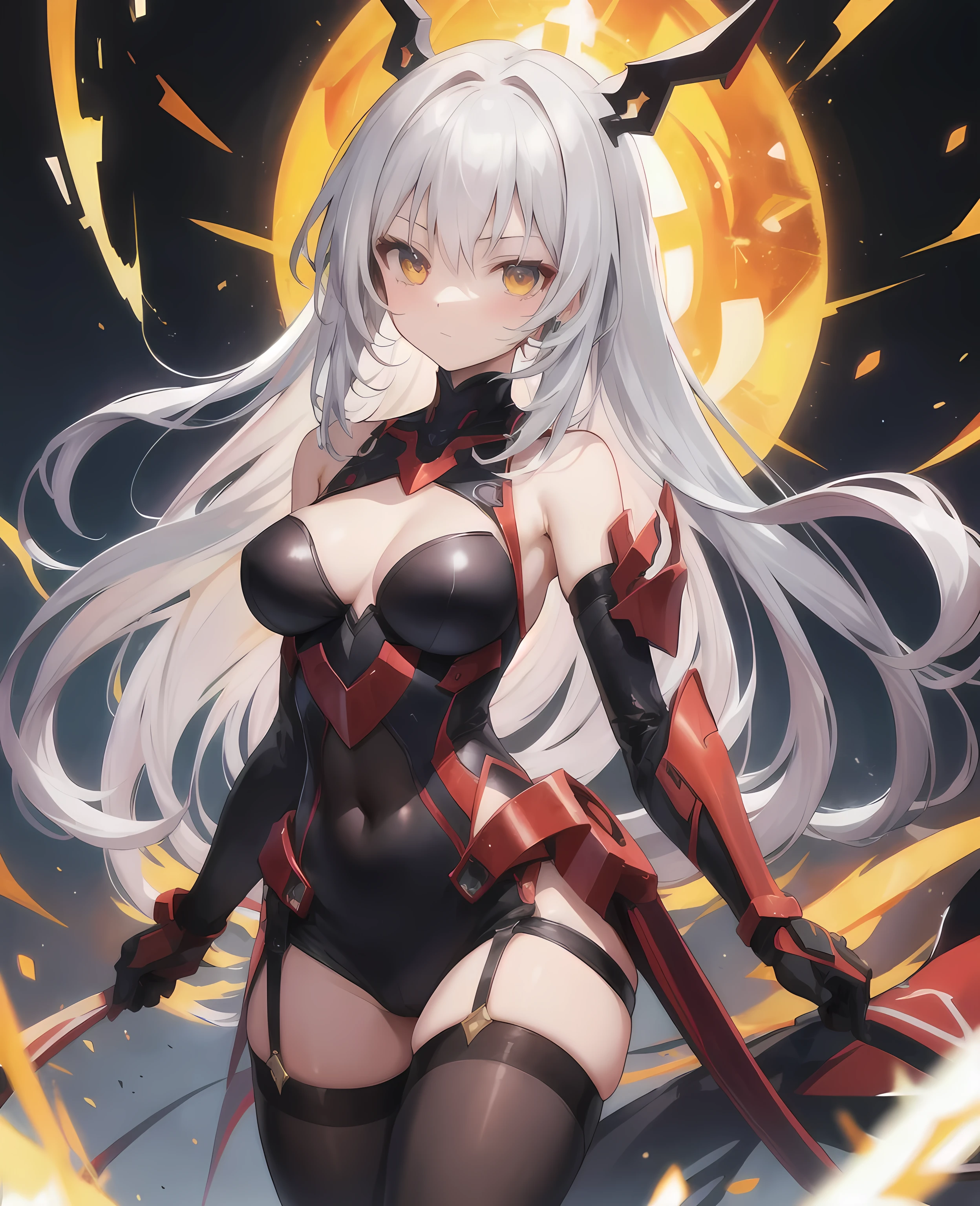 masterpiece, best quality, (extremely detailed CG unity 8k wallpaper), (best quality), (best illustration), (best shadow), absurdres, realistic lighting, (Abyss), beautiful detailed glow, art by PeterMohrBacher, short white haired female anime character with a sword in her left hand and a red-eyed, fanged horned white demon figure on her right side, this anime wears black and red clothes, demon slayer rui fanart, demon slayer art style, 8 k badass anime, from arknights, best 4k konachan anime wallpaper, by Yang J, gapmoe yandere grimdark, keqing from genshin impact, demon anime girl, trending on artstation pixiv,
