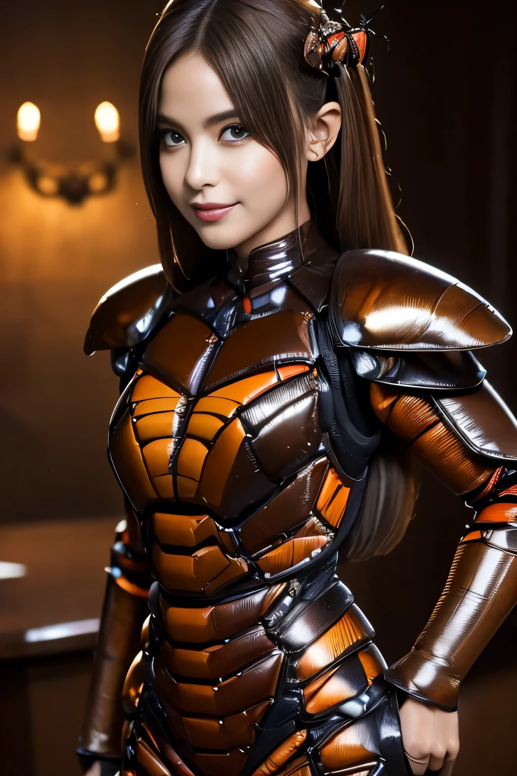 (high resolution,masterpiece,best quality,extremely detailed CG, anime, official art:1.4), realistic, photo, amazing fine details, all intricate, gloss and shiny,awesome many layers, 8k wall paper, 3d, sketch, kawaii, illustration,( solo:1.4), perfect female proportion,villainess, (fusion of dark brown cockroach and lady:1.4), (brown cockroach form lady:1.2), (brown cockroach lady:1.2), (fusion:1.2), (solo:1.4), (evil smile:1.2), muscular, abs, (cockroach brown exoskeleton bio insect suit:1.4), (cockroach brown exoskeleton bio insect armor:1.2), (brown transparency cockroach wing:1.4), (brown cockroach antennae:1.3),