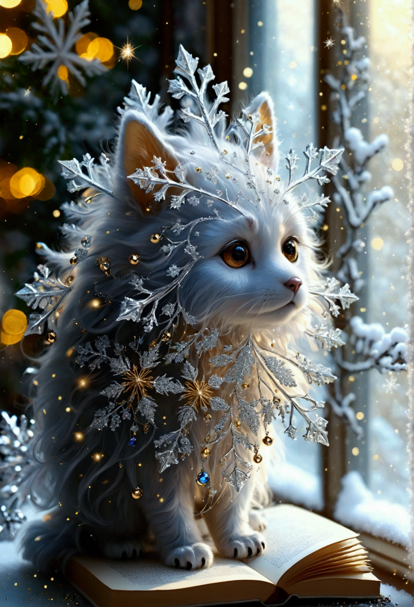 unusual,tender, cute,Fabulous, transparent,  a light airy soft creature with hair in the form of snowflakes and beads,  sits on the tip of a pencil on a table next to a book and a cup ,  sitting at the table a man looking out the window .  hyperdetail , glitter,  silver , gold,  snow , stars,яркий теплый свет ✨ рассеянные лучи света сквозь окно.
 photorealism , filigree, aesthetically pleasing,  realistic, atmospheric,  diamond dust ,  high resolution, highly detailed Fractal 