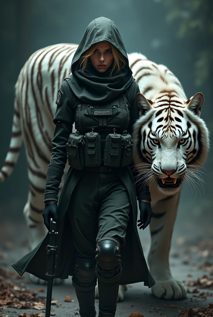Military woman with blond hair in tactical gear, hooded with her face hiding her clear eyes, walking with a white demon tiger from the underworld. 
