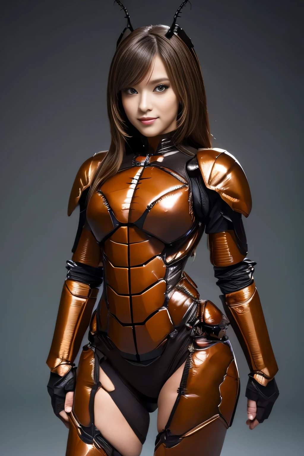 (high resolution,masterpiece,best quality,extremely detailed CG, anime, official art:1.4), realistic, photo, amazing fine details, all intricate, gloss and shiny,awesome many layers, 8k wall paper, 3d, sketch, kawaii, illustration,( solo:1.4), perfect female proportion,villainess, (fusion of dark brown cockroach and lady:1.4), (brown cockroach form lady:1.2), (brown cockroach lady:1.2), (fusion:1.2), (solo:1.4), (evil smile:1.2), muscular, abs, (cockroach brown exoskeleton bio insect suit:1.4), (cockroach brown exoskeleton bio insect armor:1.2), (brown transparency cockroach wing:1.4), (brown cockroach antennae:1.3),